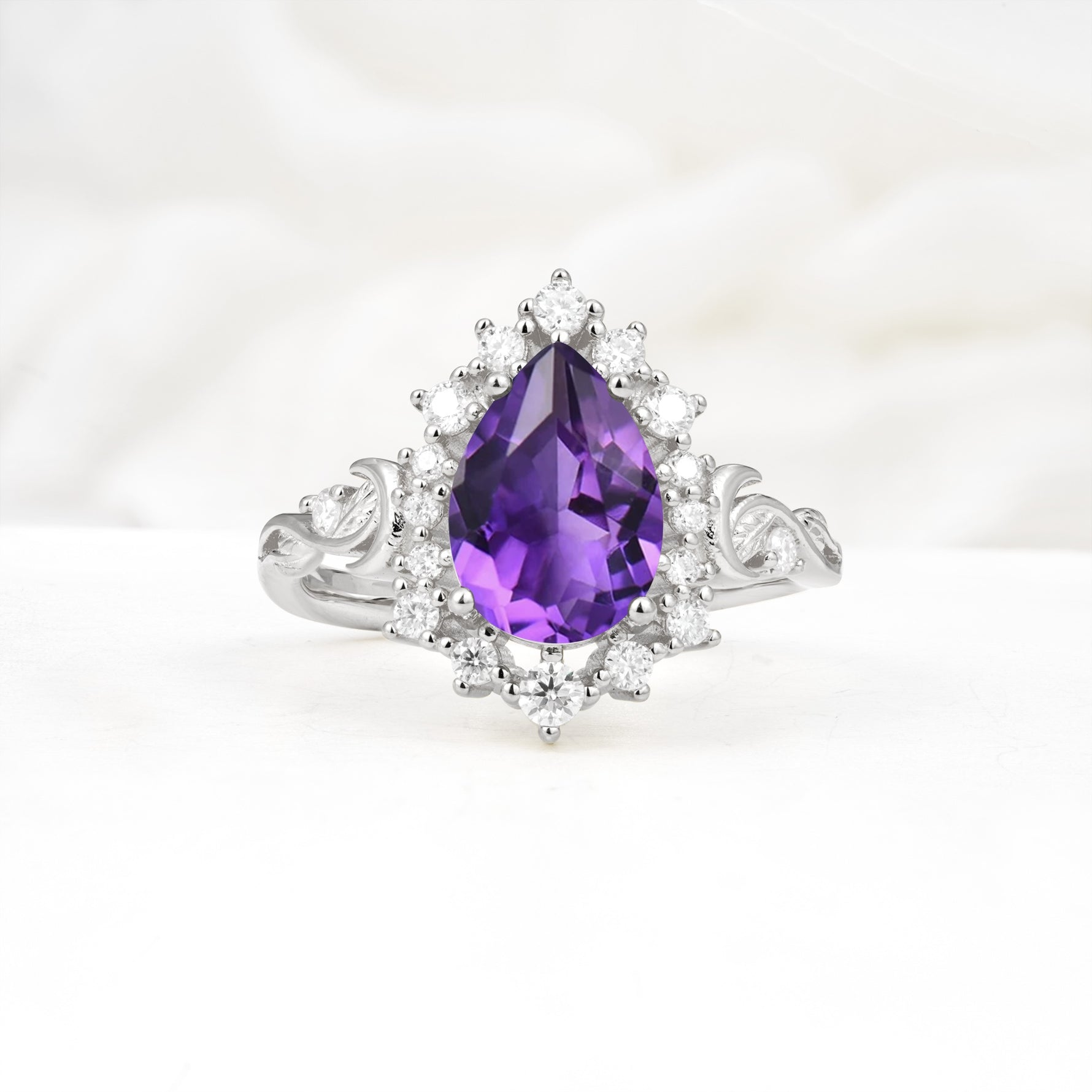 Vintage Pear Cut Halo Ornate Scroll Amethyst Engagement Ring - Additional view