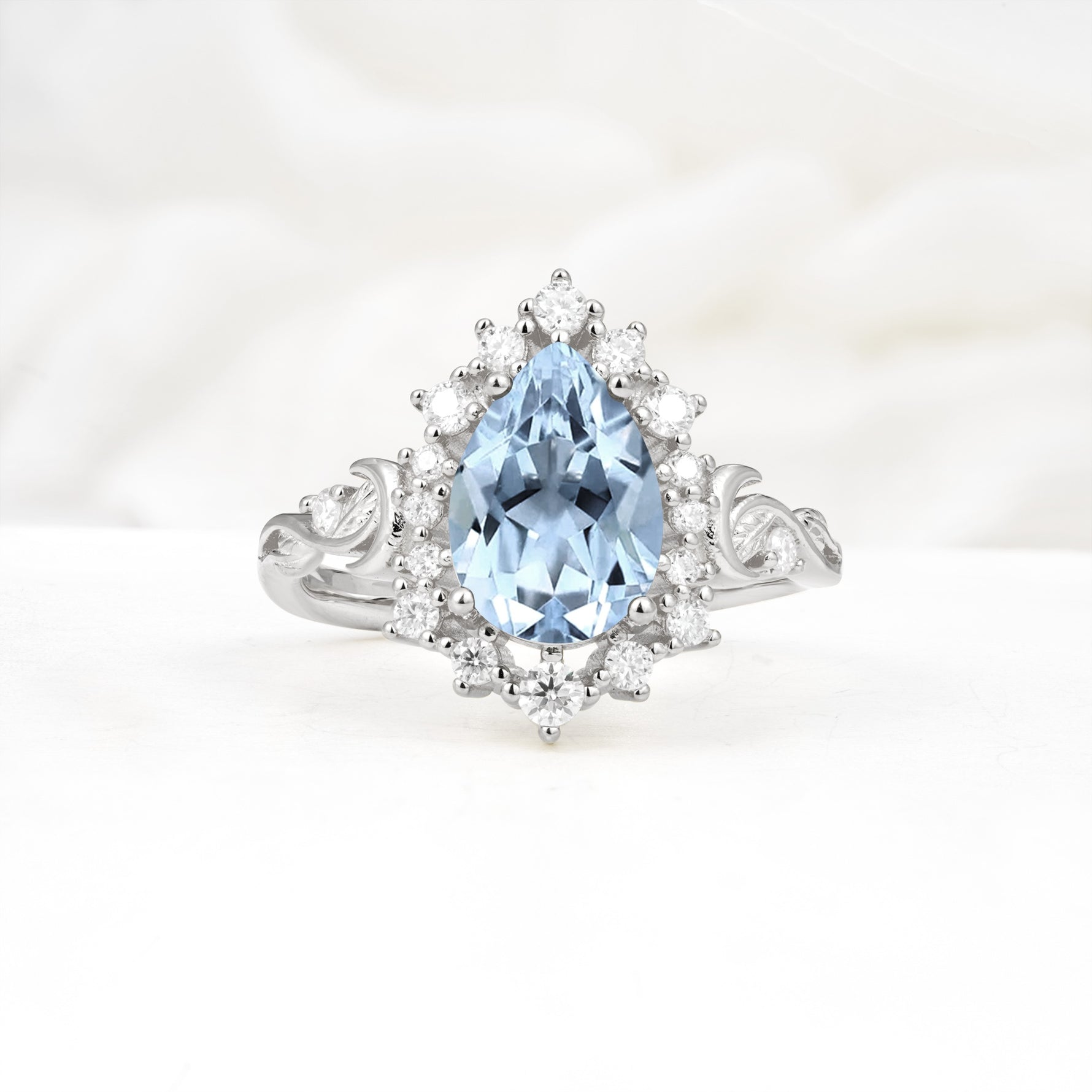Vintage Pear Cut Halo Ornate Scroll Aquamarine Engagement Ring - Additional view
