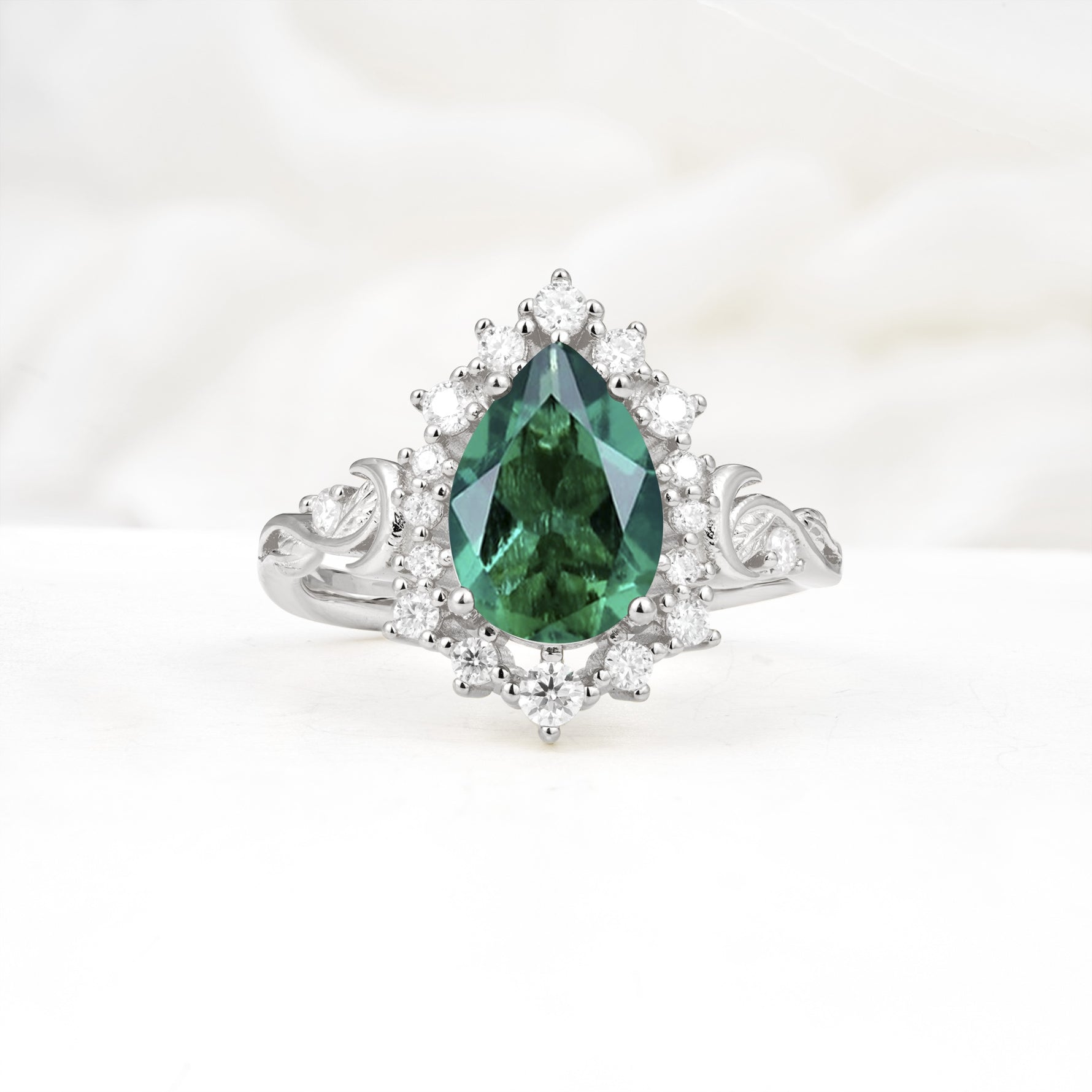 Vintage Pear Cut Halo Ornate Scroll Emerald Engagement Ring - Additional view