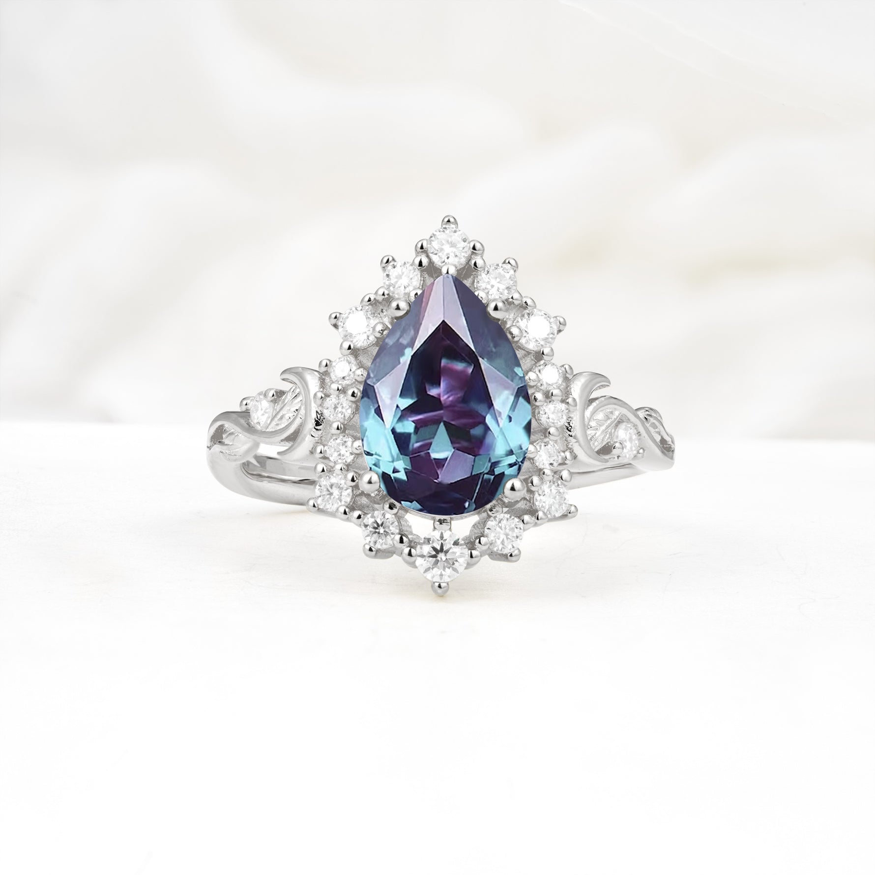 Vintage Pear Cut Halo Ornate Scroll Alexandrite Engagement Ring - Additional view