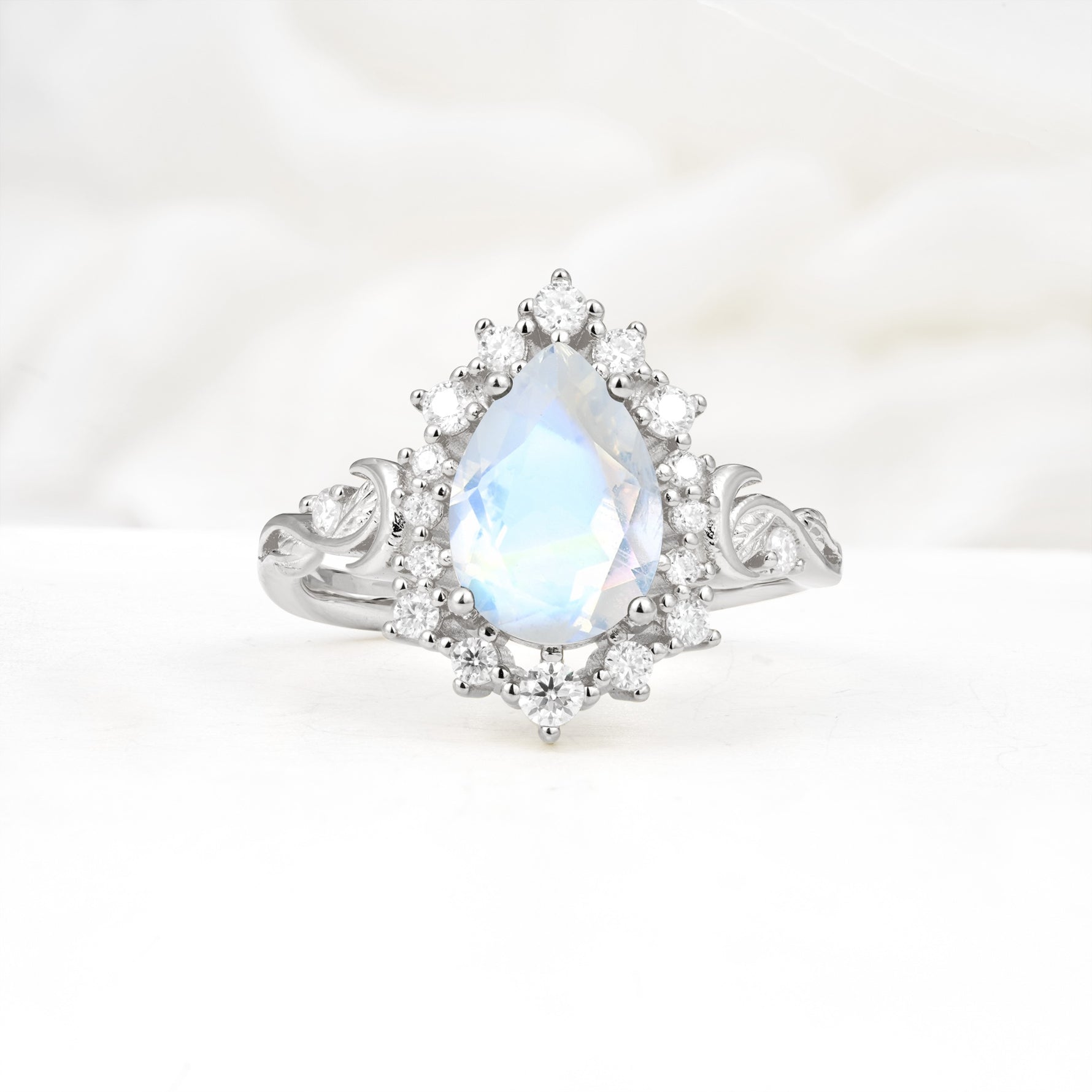 Vintage Pear Cut Halo Ornate Scroll Moonstone Engagement Ring - Additional view