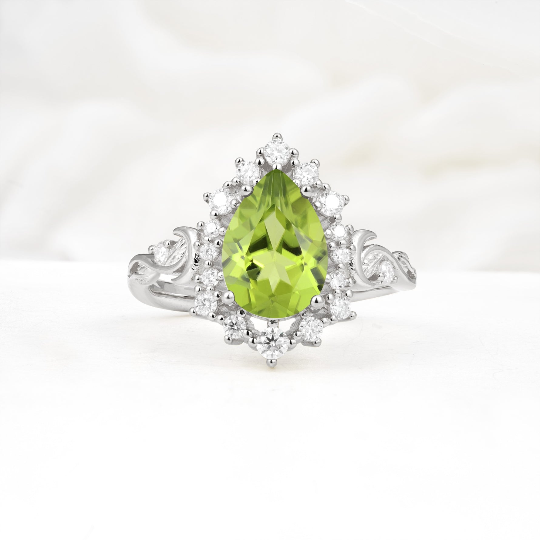 Vintage Pear Cut Halo Ornate Scroll Peridot Engagement Ring - Additional view