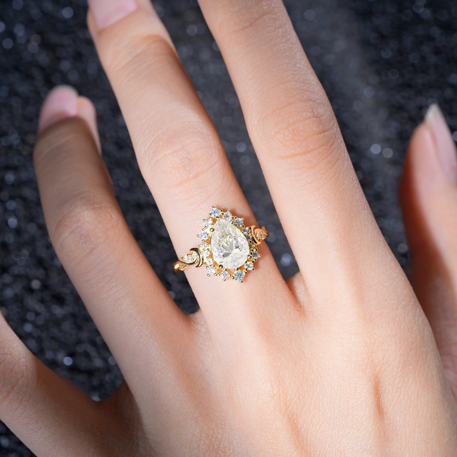 Vintage Pear Cut Halo Ornate Scroll Moissanite Engagement Ring