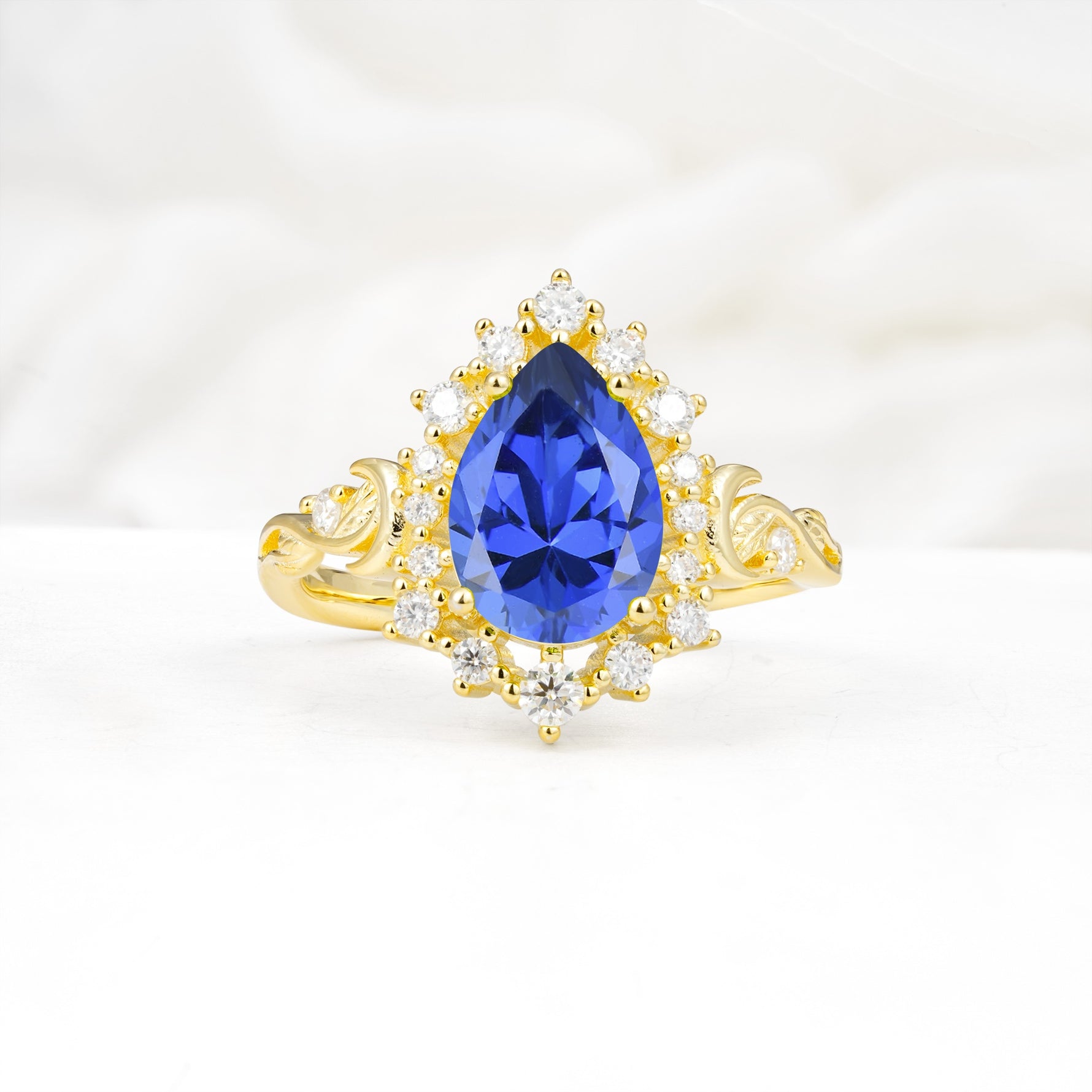 Vintage Pear Cut Halo Ornate Scroll Sapphire Engagement Ring - Additional view