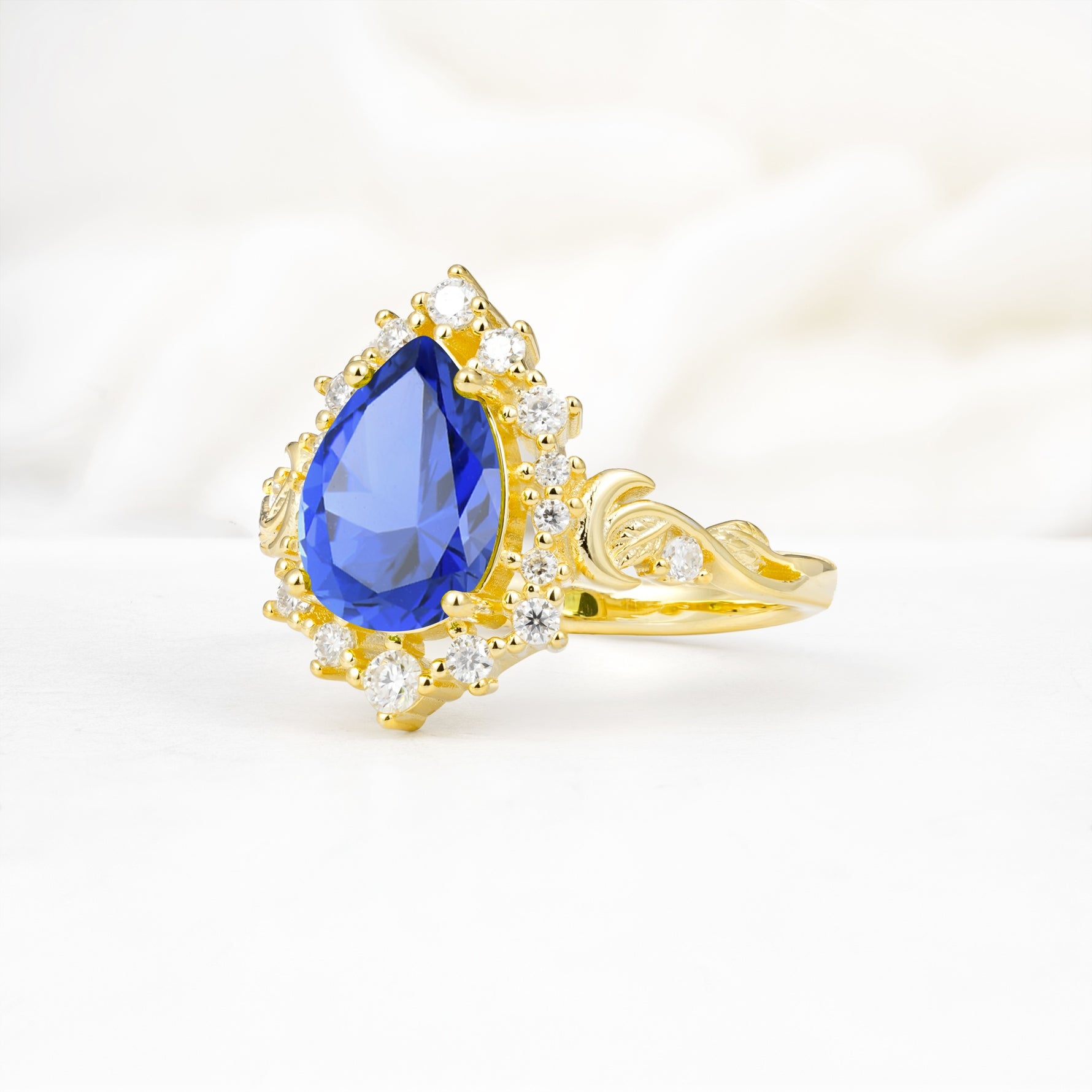 Vintage Pear Cut Halo Ornate Scroll Sapphire Engagement Ring - Additional view