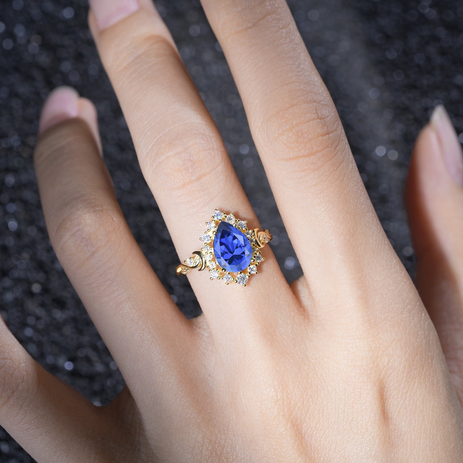 Vintage Pear Cut Halo Ornate Scroll Sapphire Engagement Ring - Additional view