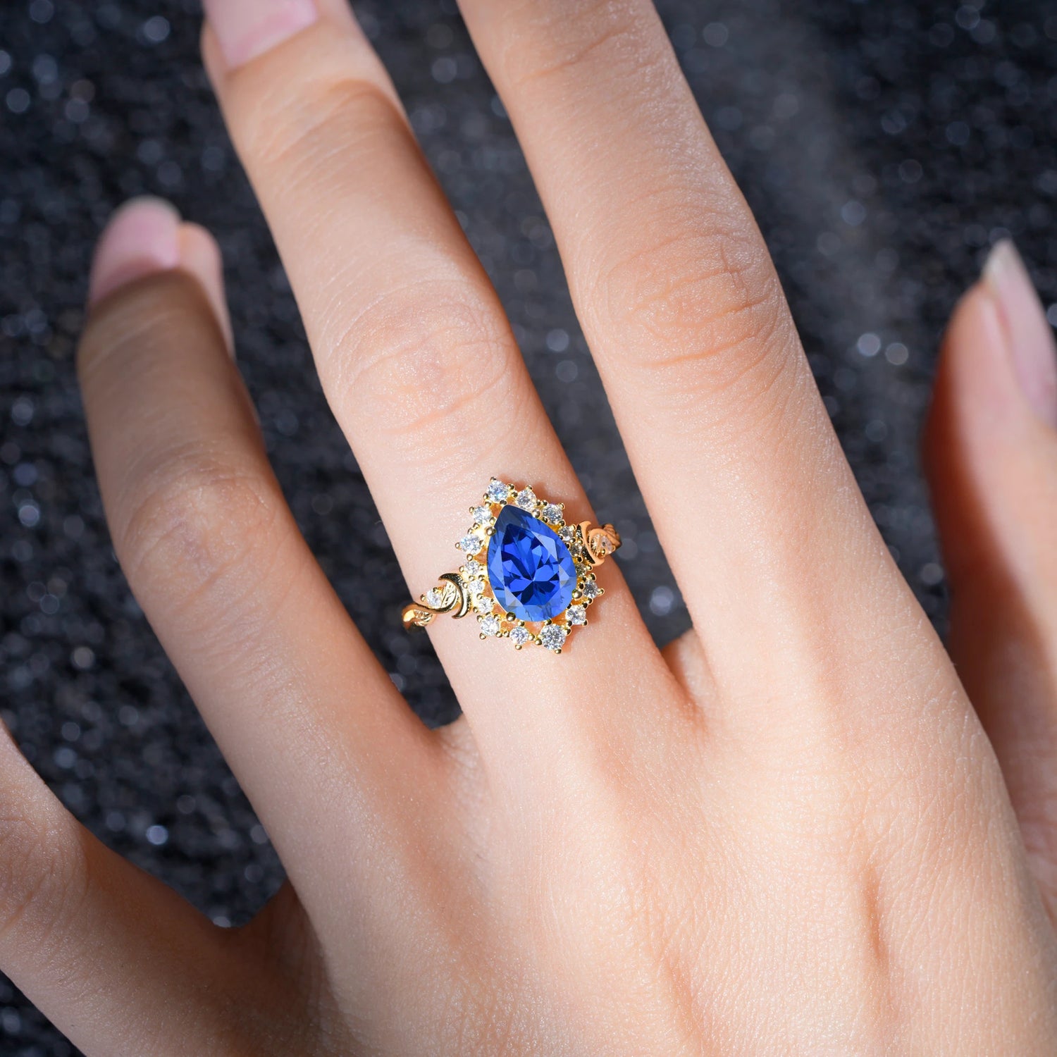 Vintage Pear Cut Halo Ornate Scroll Sapphire Engagement Ring