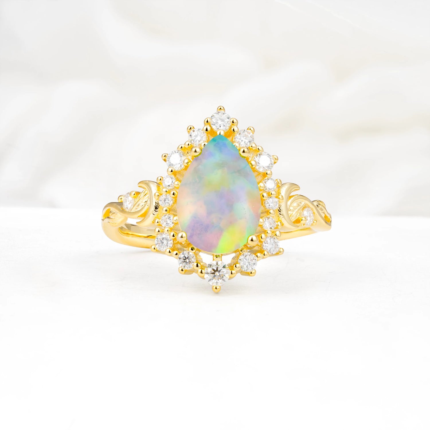 Vintage Pear Cut Halo Ornate Scroll Fire Opal Engagement Ring