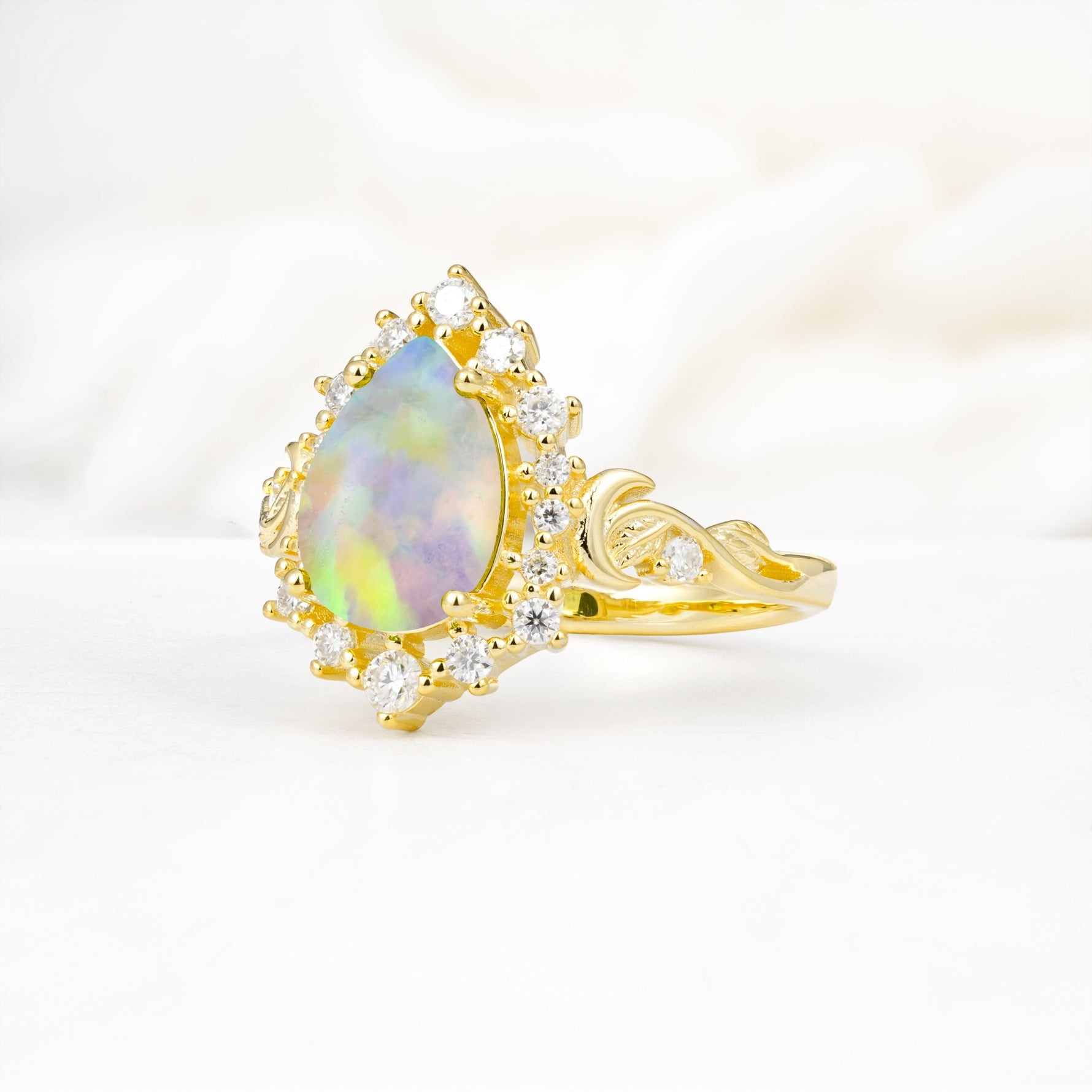 Vintage Pear Cut Halo Ornate Scroll Fire Opal Engagement Ring - Additional view