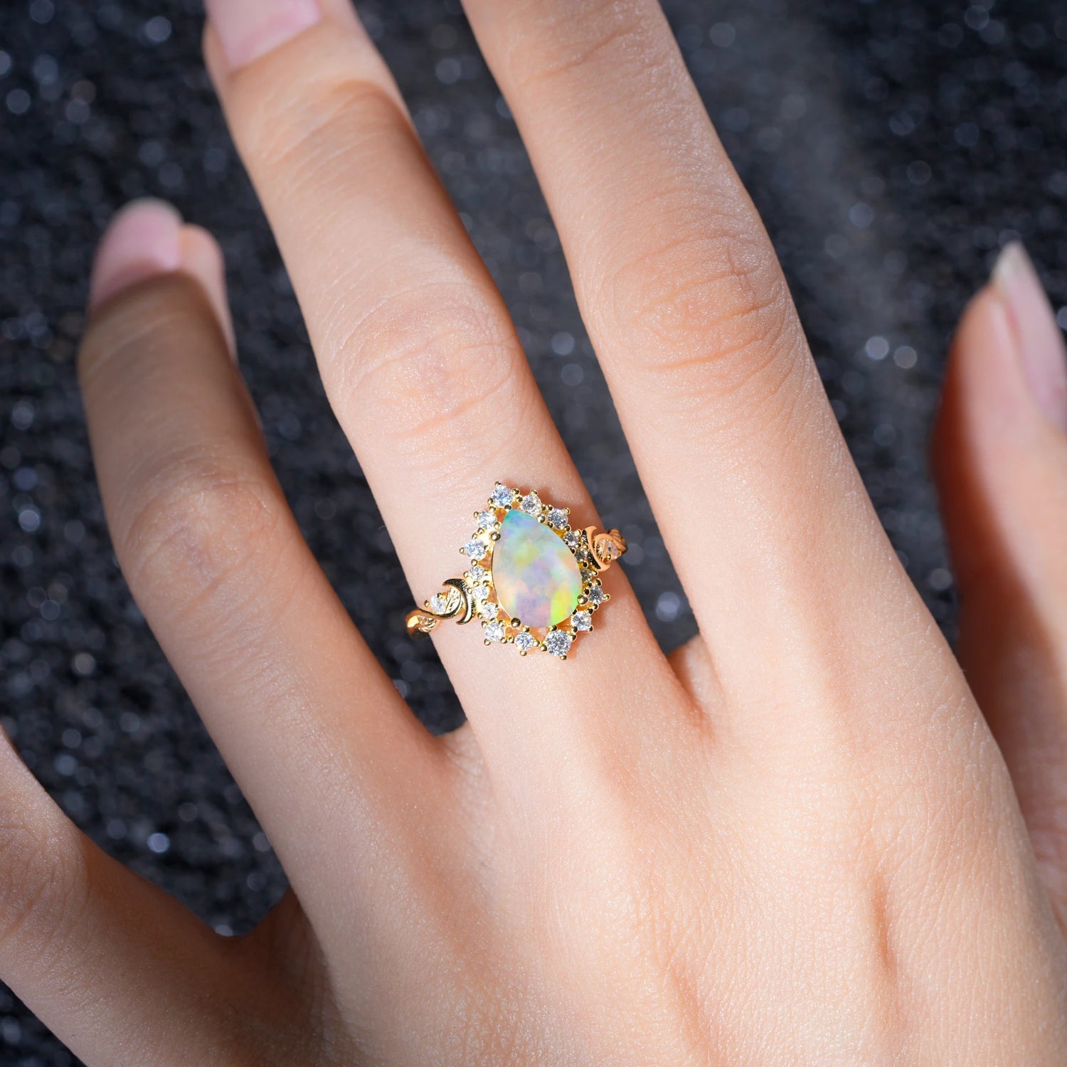 Vintage Pear Cut Halo Ornate Scroll Fire Opal Engagement Ring