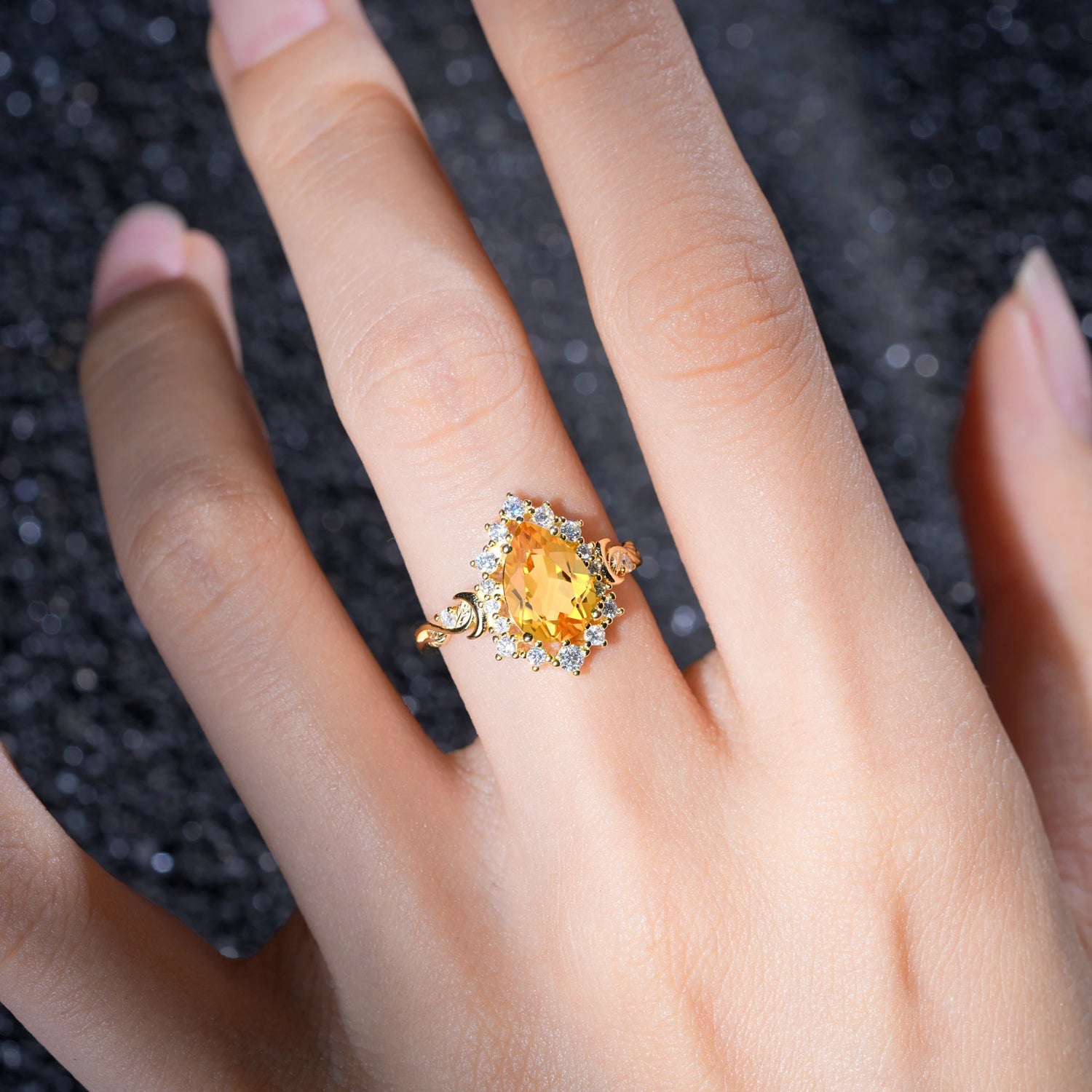 Vintage Pear Cut Halo Ornate Scroll Citrine Engagement Ring