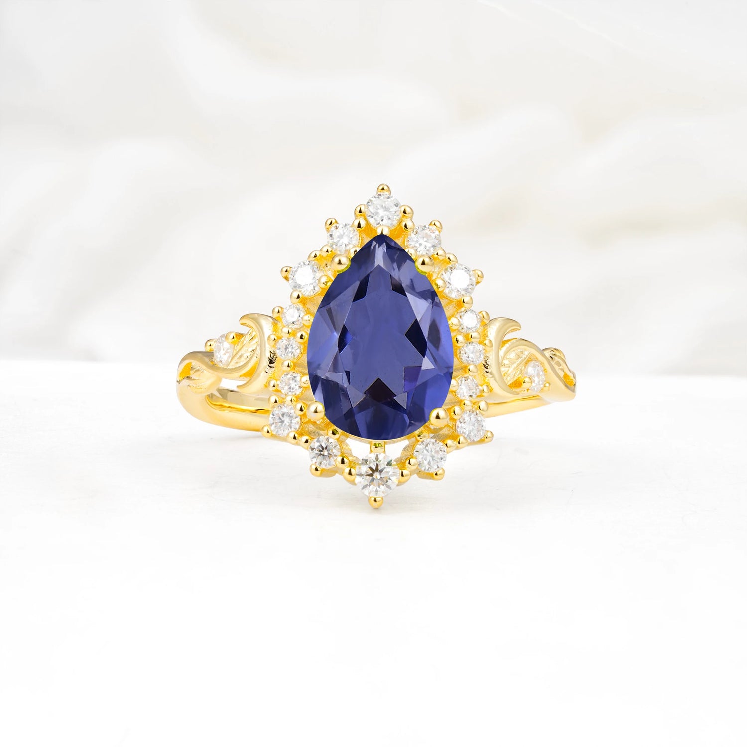 Vintage Pear Cut Halo Ornate Scroll Tanzanite Engagement Ring