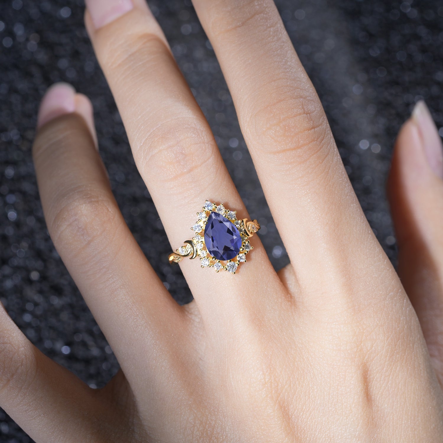 Vintage Pear Cut Halo Ornate Scroll Tanzanite Engagement Ring - Additional view