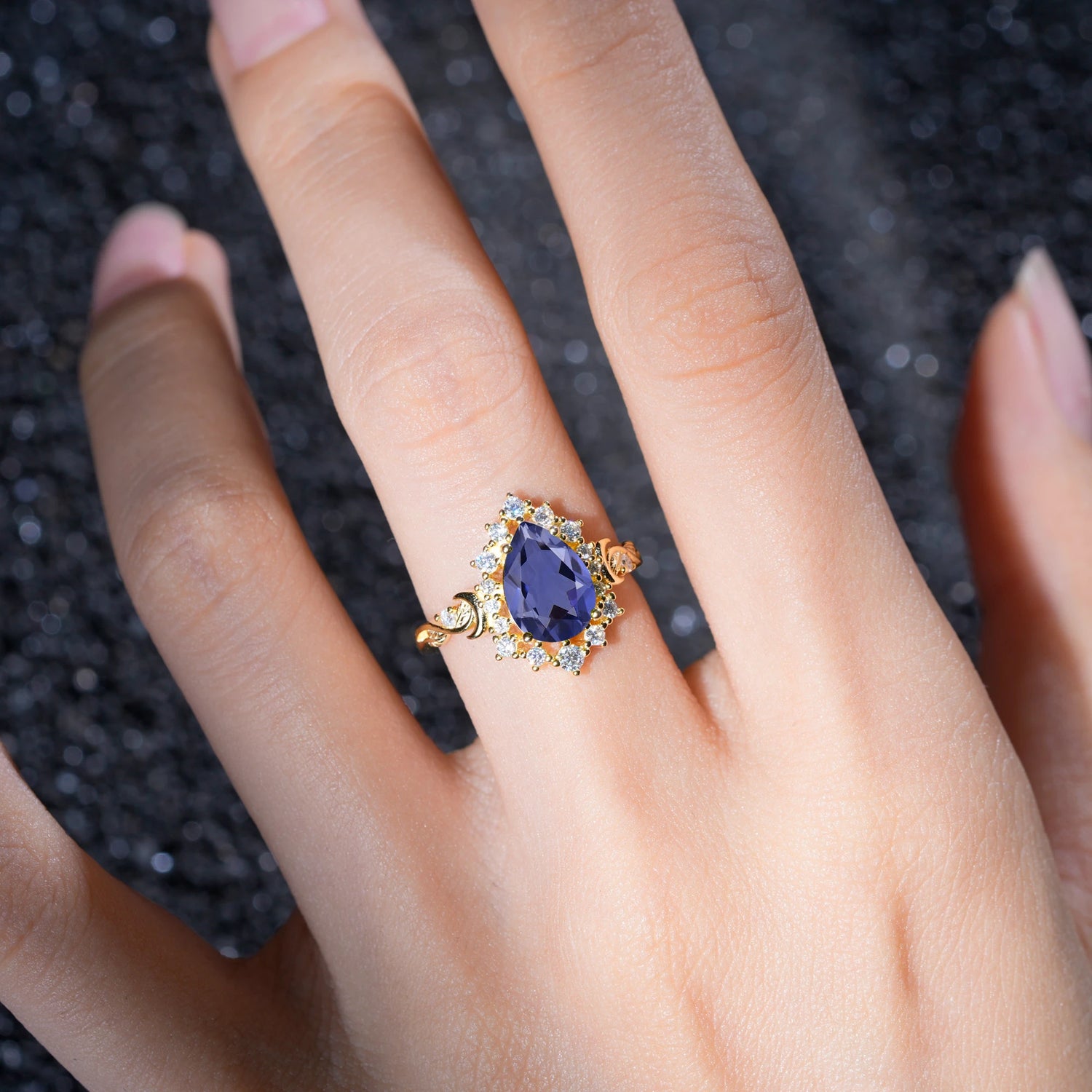Vintage Pear Cut Halo Ornate Scroll Tanzanite Engagement Ring