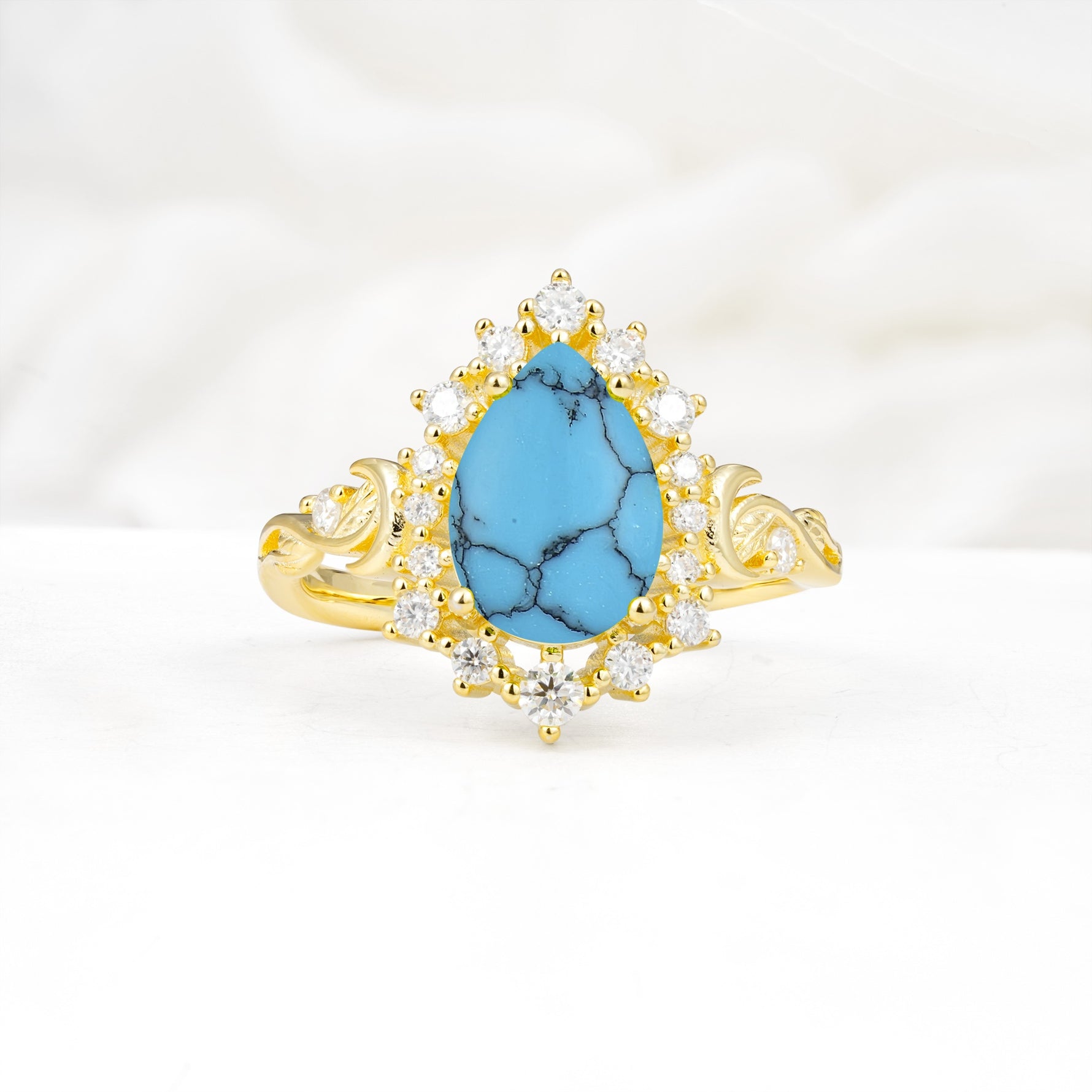 Vintage Pear Cut Halo Ornate Scroll Turquoise Engagement Ring - Additional view