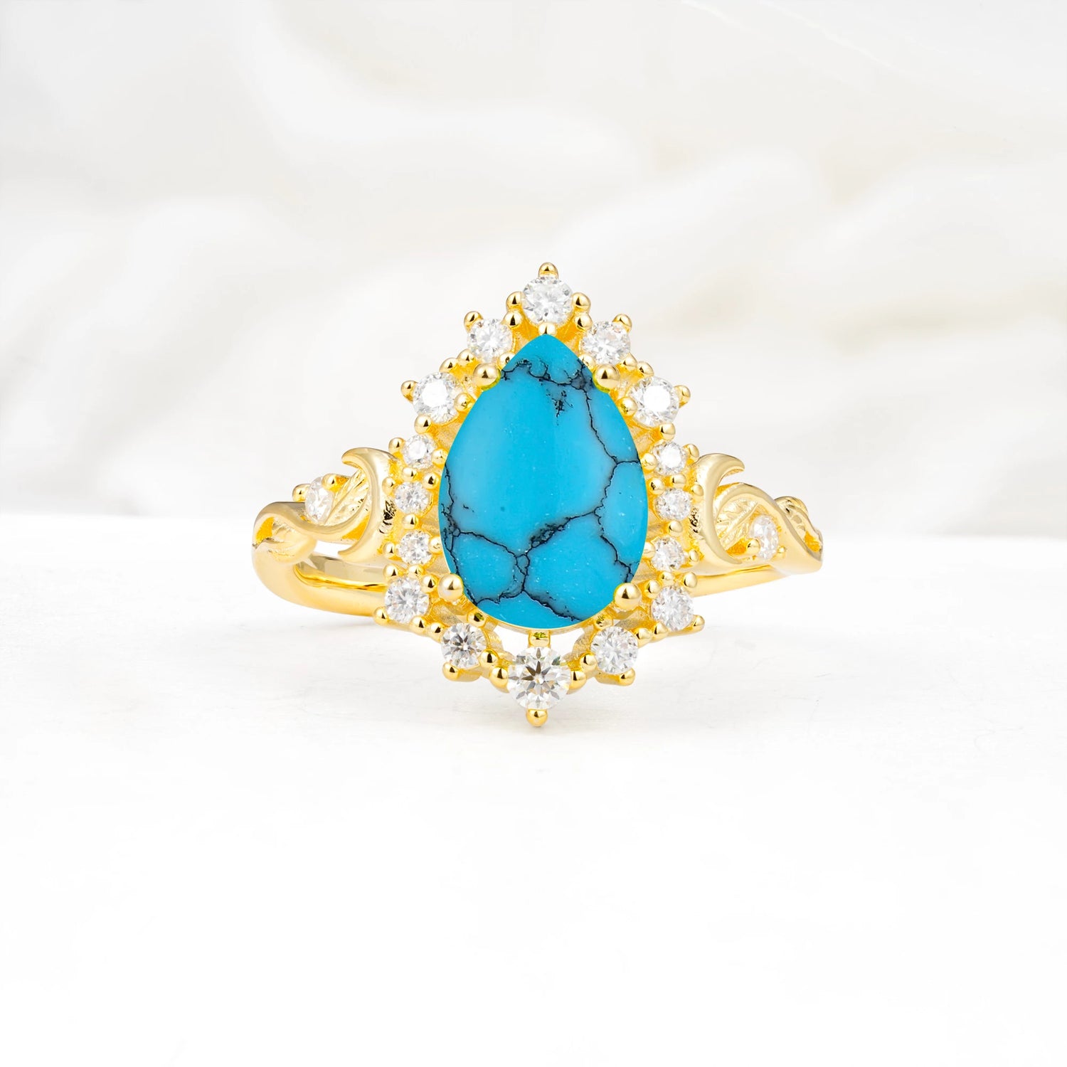 Vintage Pear Cut Halo Ornate Scroll Turquoise Engagement Ring