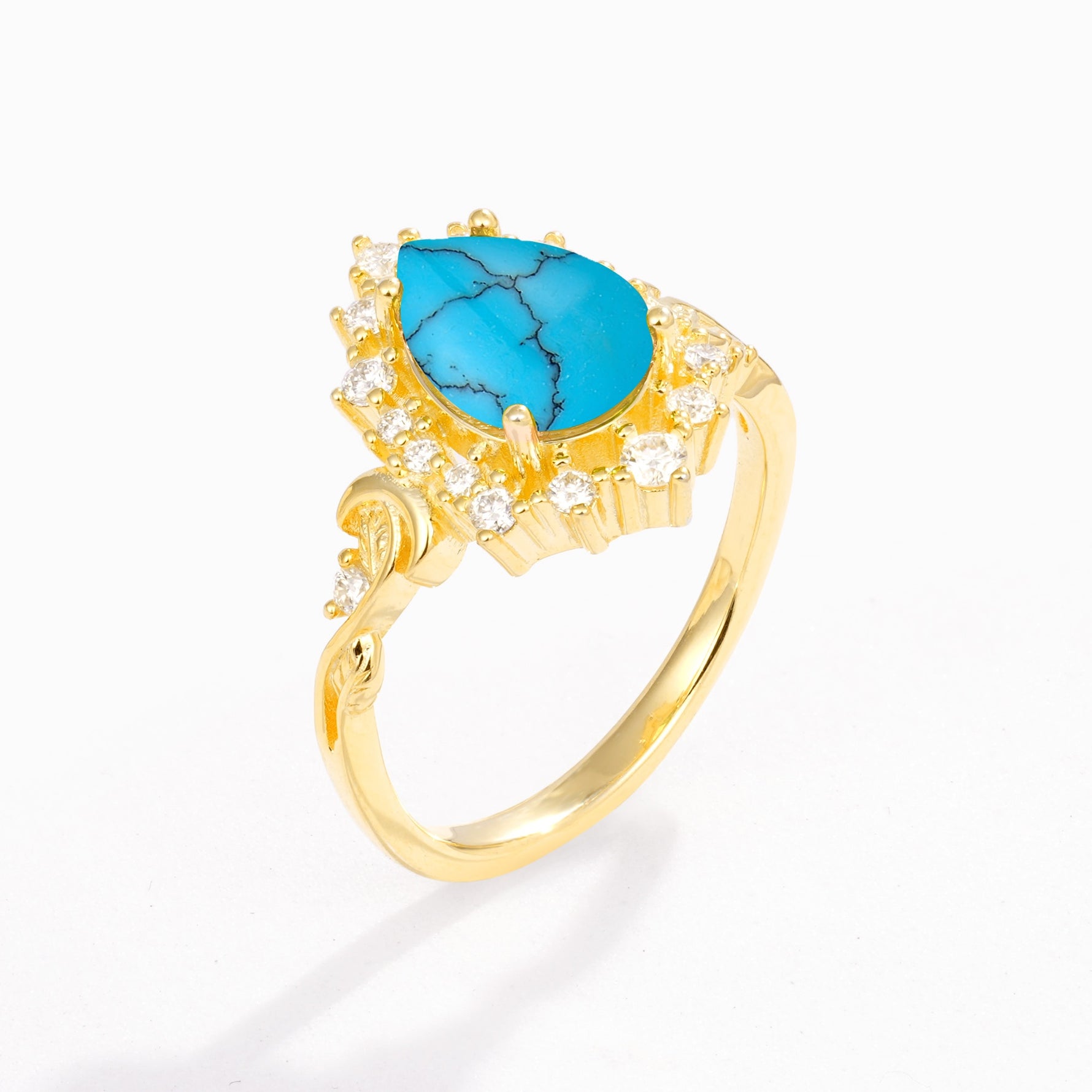 Vintage Pear Cut Halo Ornate Scroll Turquoise Engagement Ring - Additional view