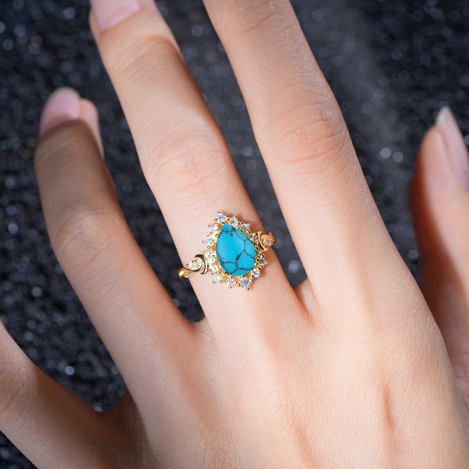 Vintage Pear Cut Halo Ornate Scroll Turquoise Engagement Ring