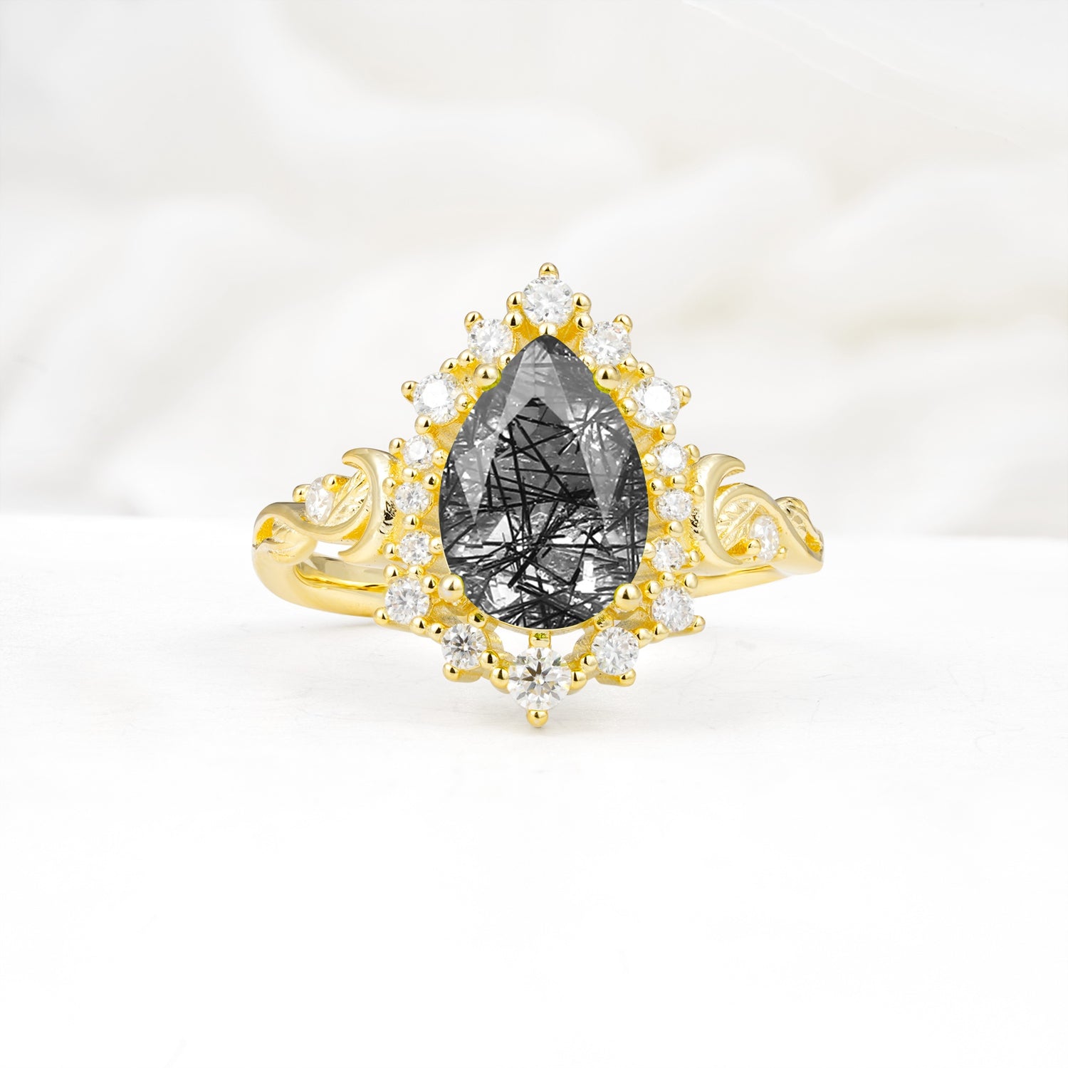 Vintage Pear Cut Halo Ornate Scroll Black Rutilated Quartz Engagement Ring - Additional view
