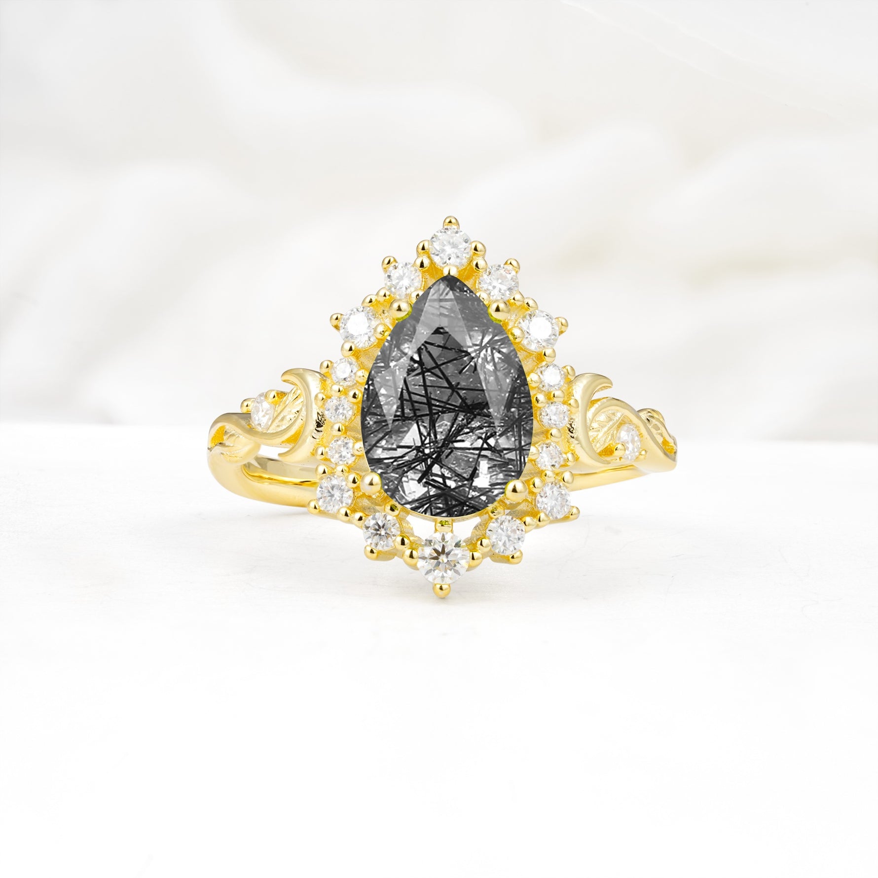 Vintage Pear Cut Halo Ornate Scroll Black Rutilated Quartz Engagement Ring - Additional view