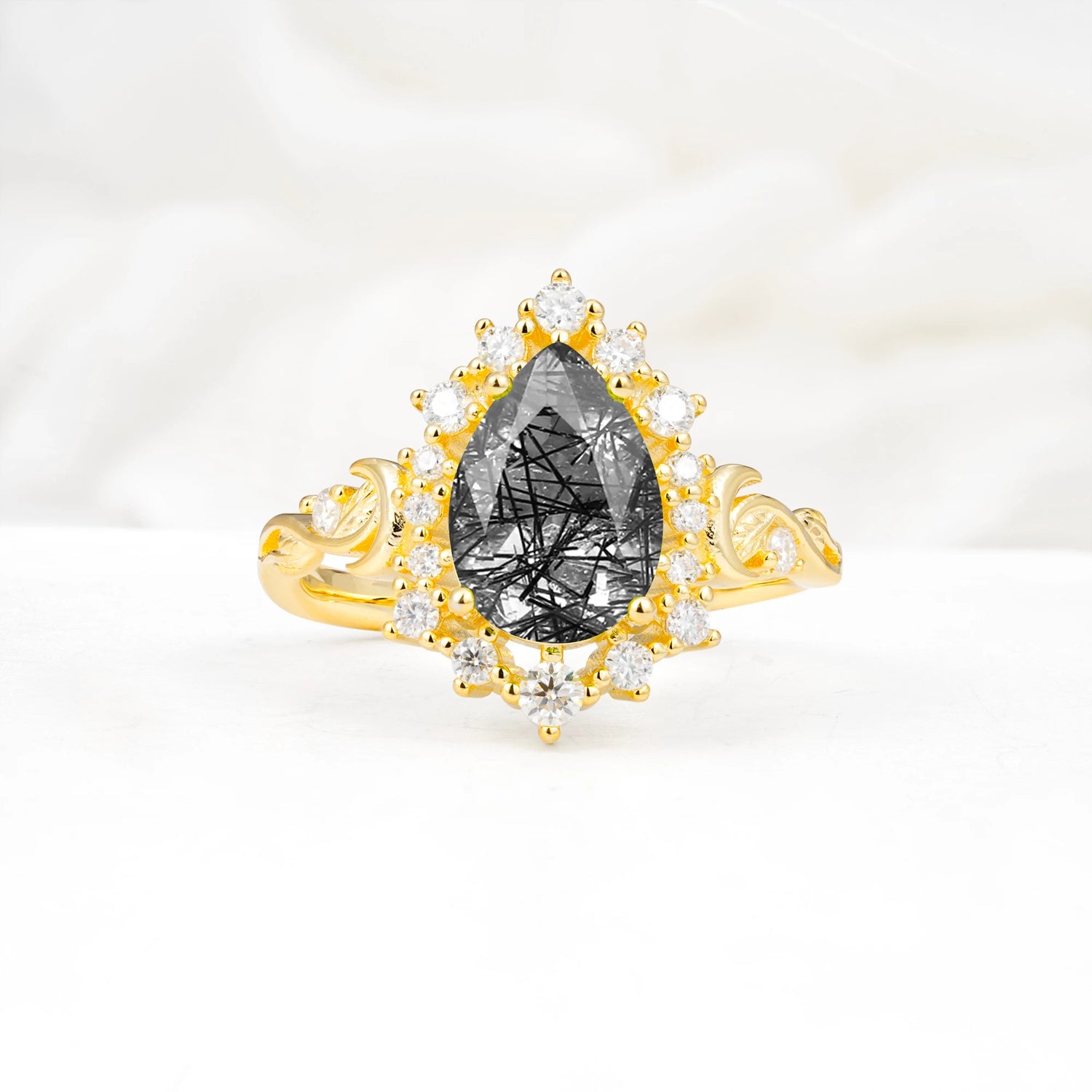 Vintage Pear Cut Halo Ornate Scroll Black Rutilated Quartz Engagement Ring