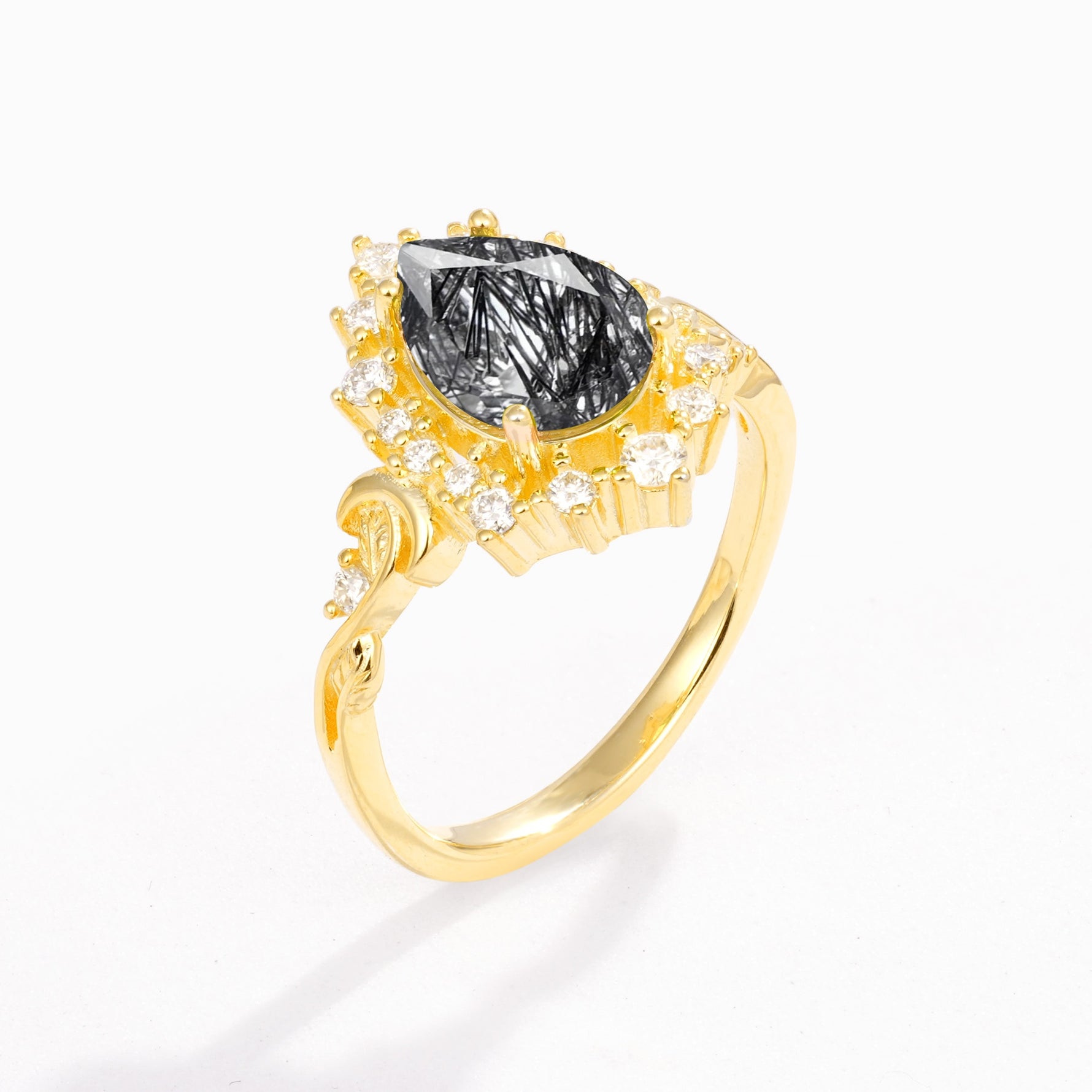 Vintage Pear Cut Halo Ornate Scroll Black Rutilated Quartz Engagement Ring - Additional view