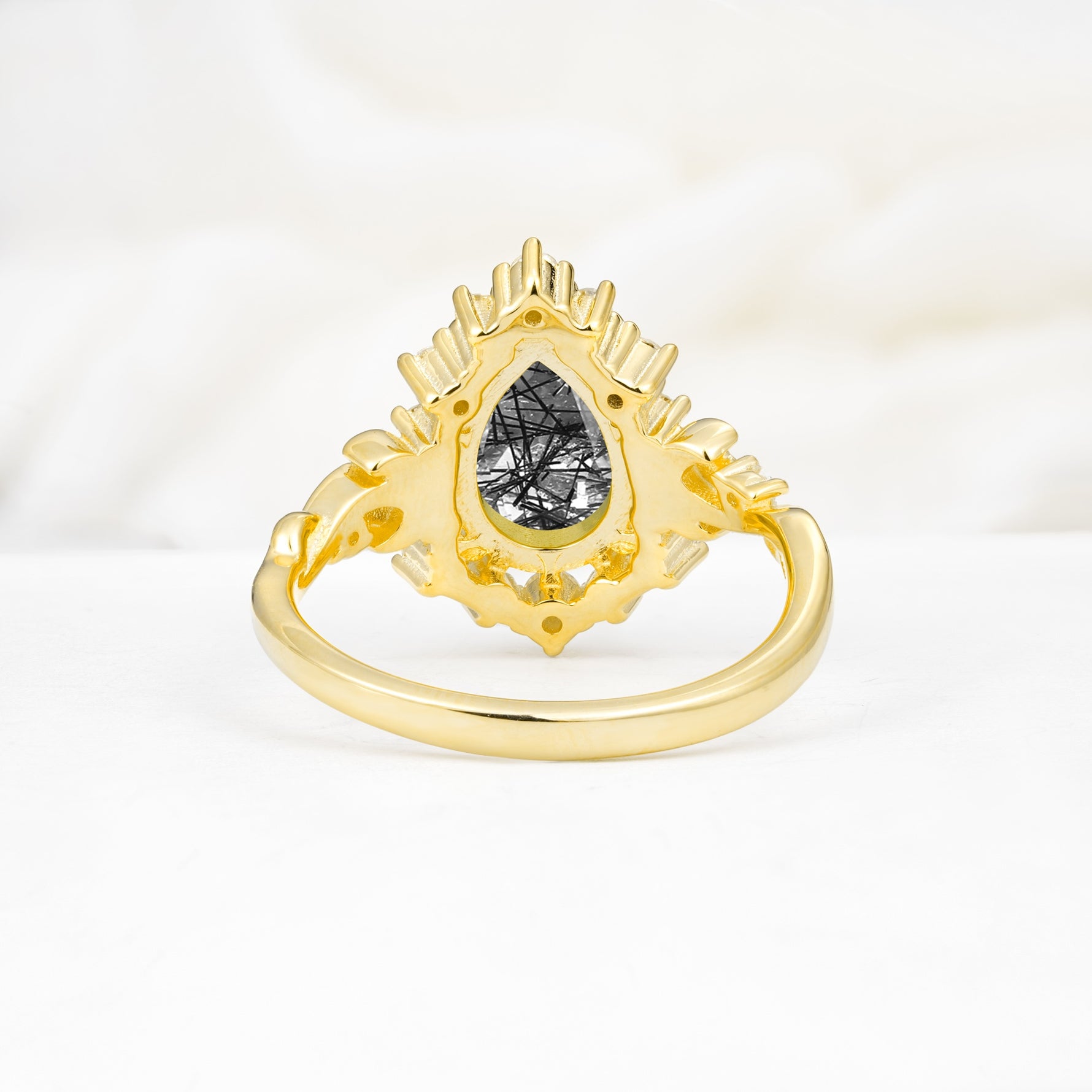Vintage Pear Cut Halo Ornate Scroll Black Rutilated Quartz Engagement Ring - Additional view
