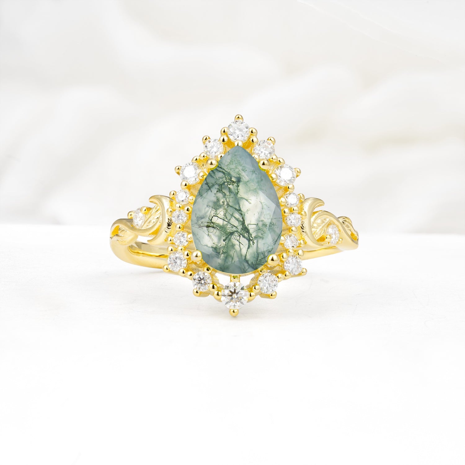 Vintage Pear Cut Halo Ornate Scroll Moss Agate Engagement Ring - Additional view
