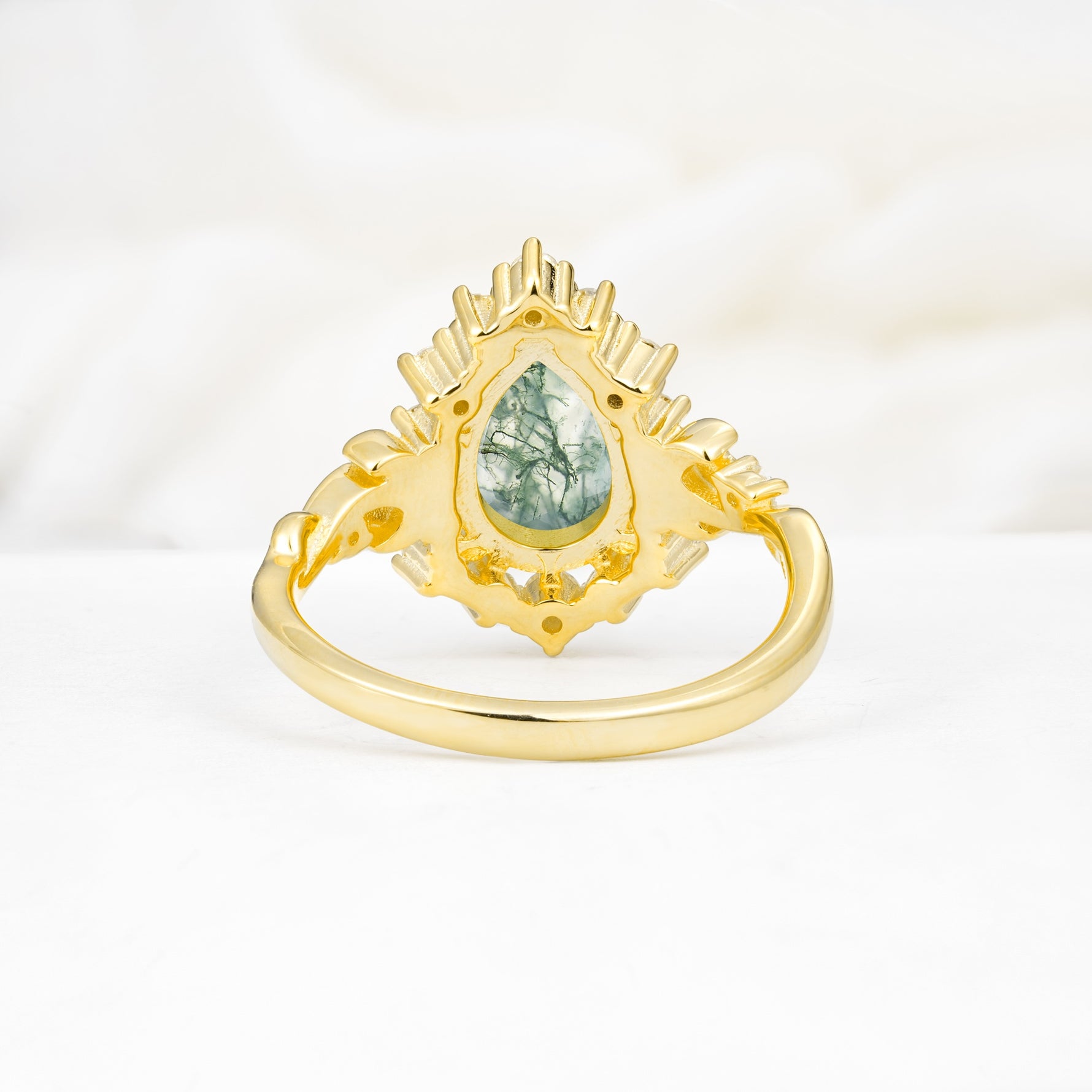 Vintage Pear Cut Halo Ornate Scroll Moss Agate Engagement Ring - Additional view