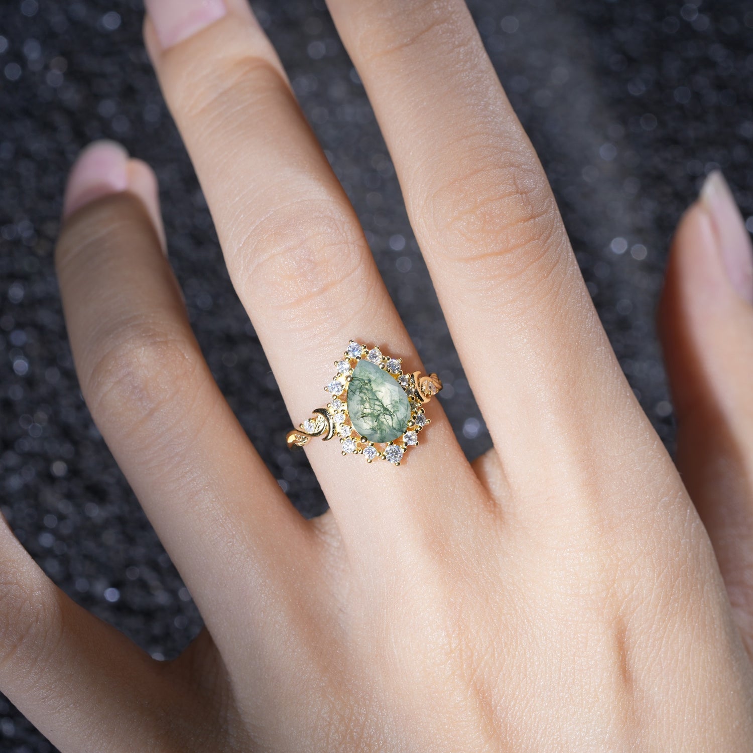 Vintage Pear Cut Halo Ornate Scroll Moss Agate Engagement Ring - Additional view