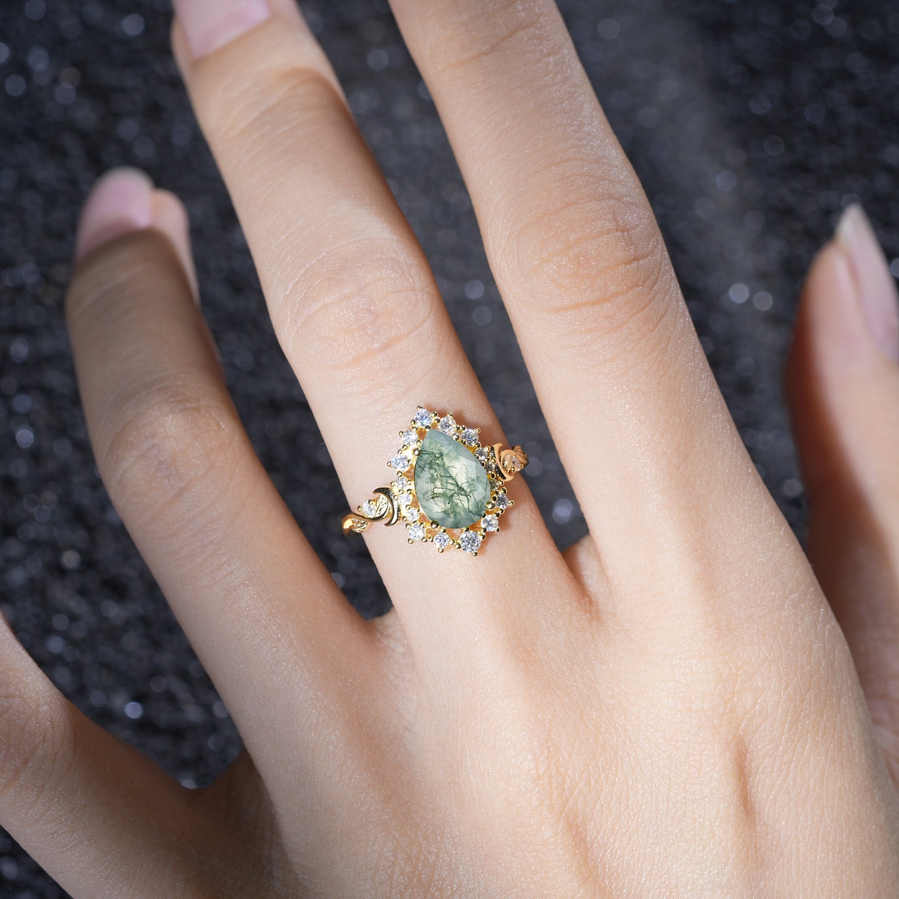 Vintage Pear Cut Halo Ornate Scroll Moss Agate Engagement Ring - Additional view