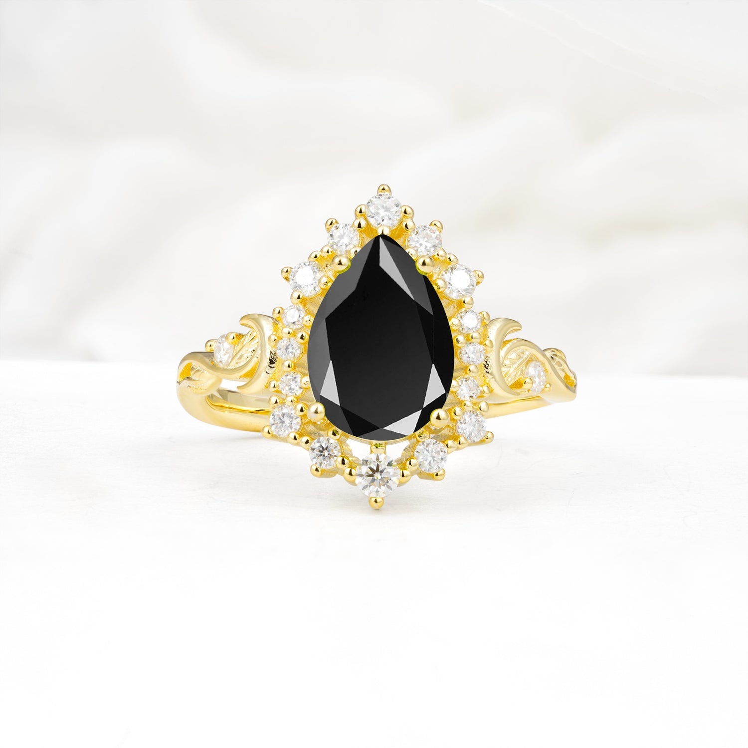 Vintage Pear Cut Halo Ornate Scroll Black Onyx Engagement Ring - Additional view