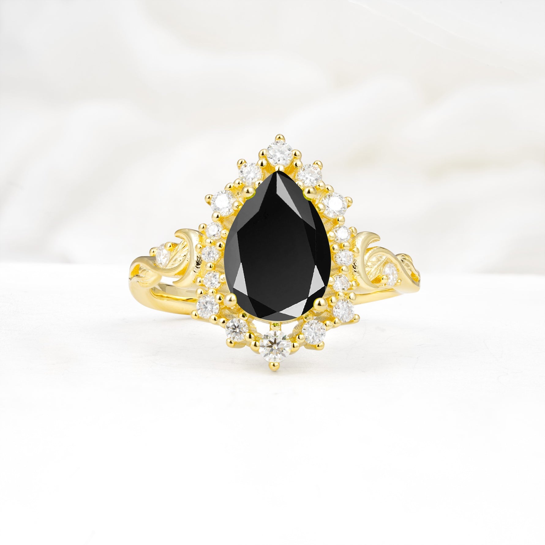 Vintage Pear Cut Halo Ornate Scroll Black Onyx Engagement Ring - Additional view