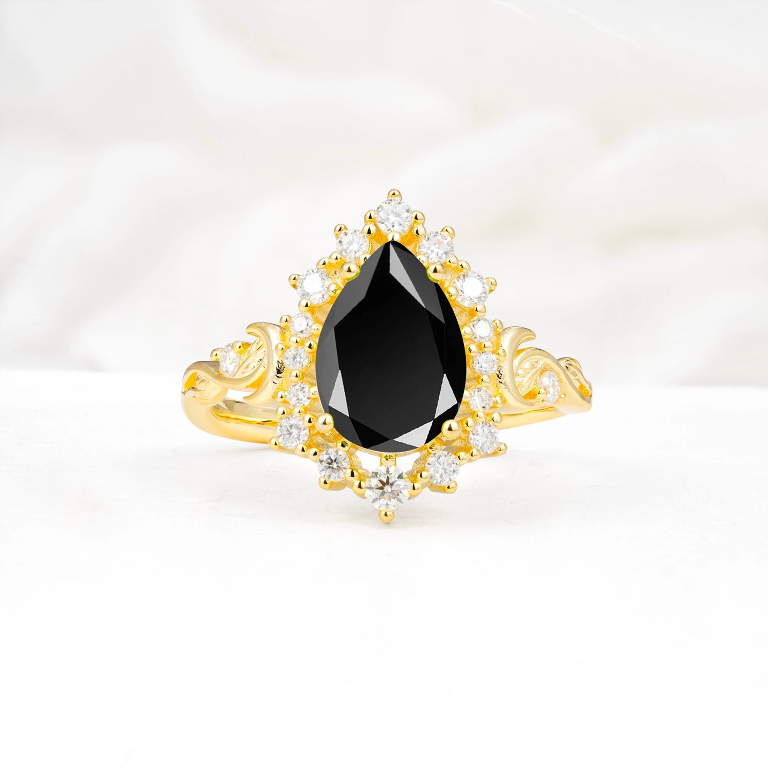 Vintage Pear Cut Halo Ornate Scroll Black Onyx Engagement Ring