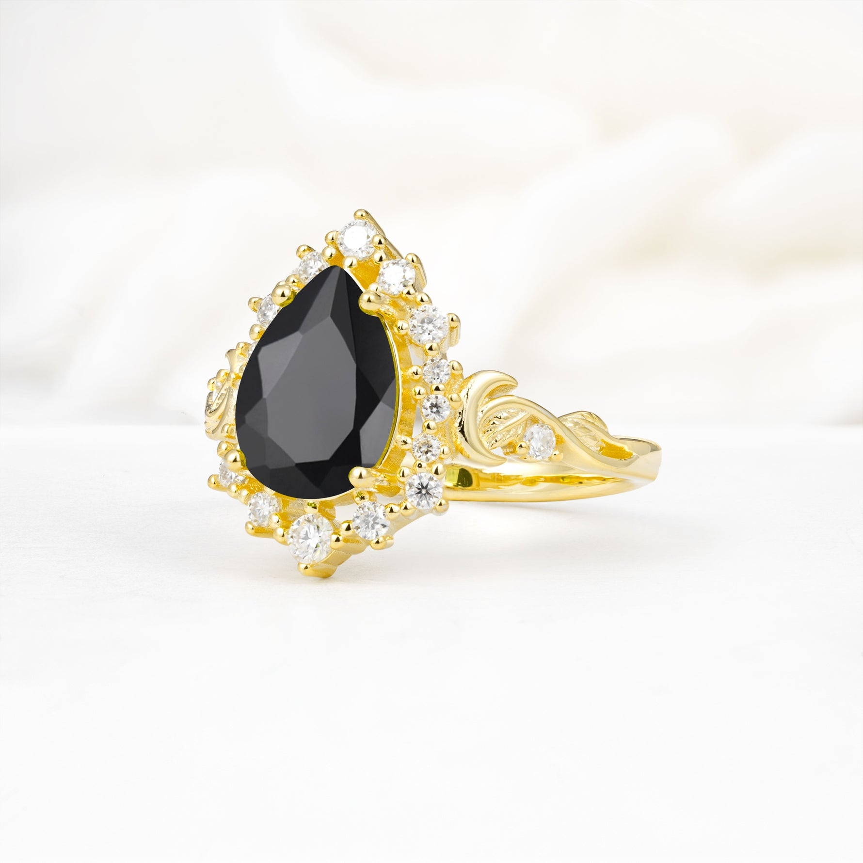 Vintage Pear Cut Halo Ornate Scroll Black Onyx Engagement Ring - Additional view