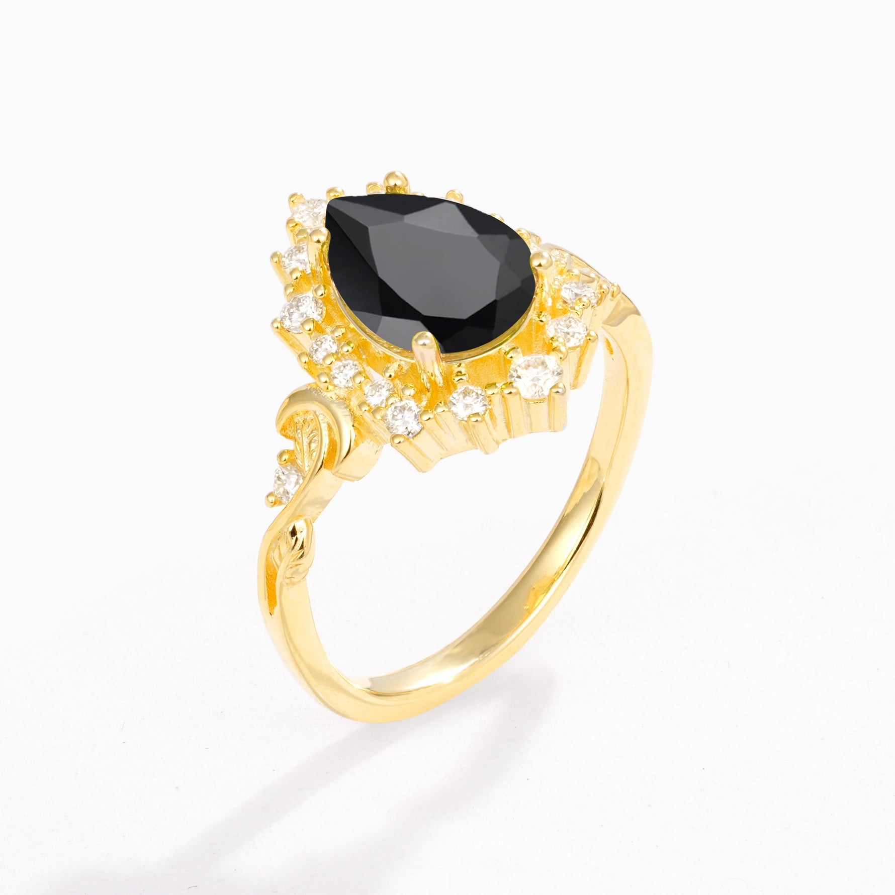 Vintage Pear Cut Halo Ornate Scroll Black Onyx Engagement Ring - Additional view