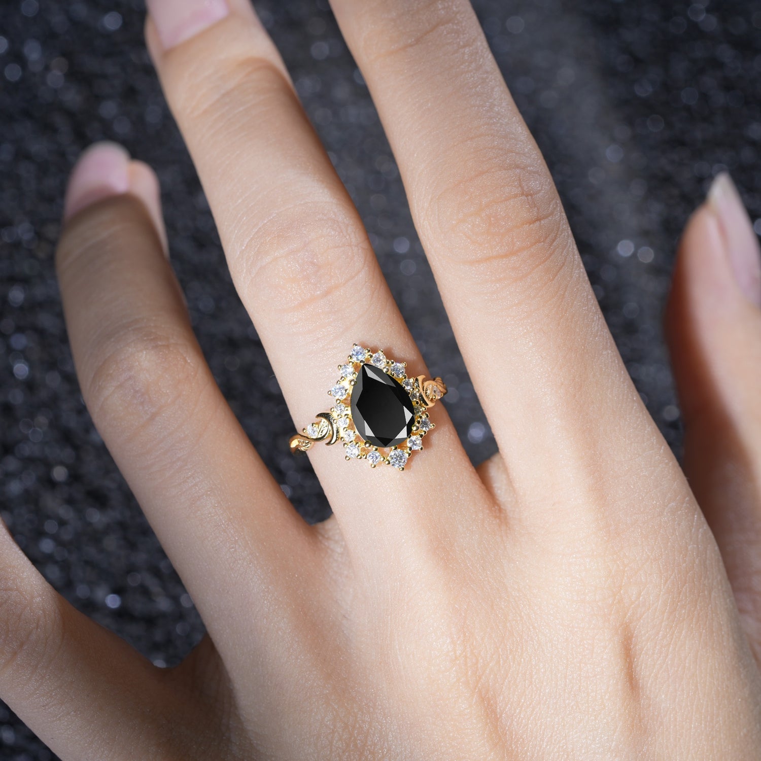 Vintage Pear Cut Halo Ornate Scroll Black Onyx Engagement Ring - Additional view