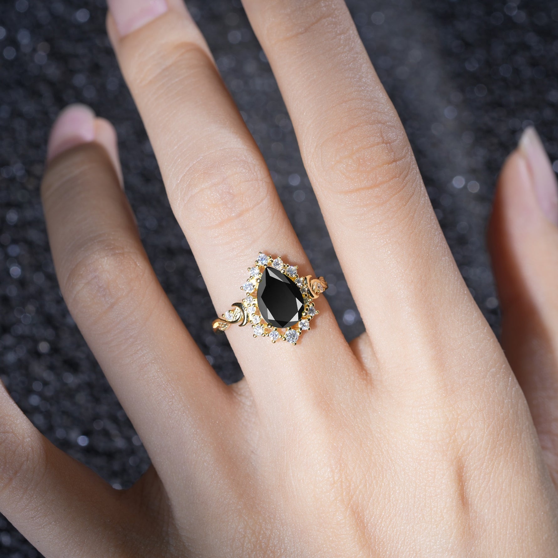 Vintage Pear Cut Halo Ornate Scroll Black Onyx Engagement Ring - Additional view