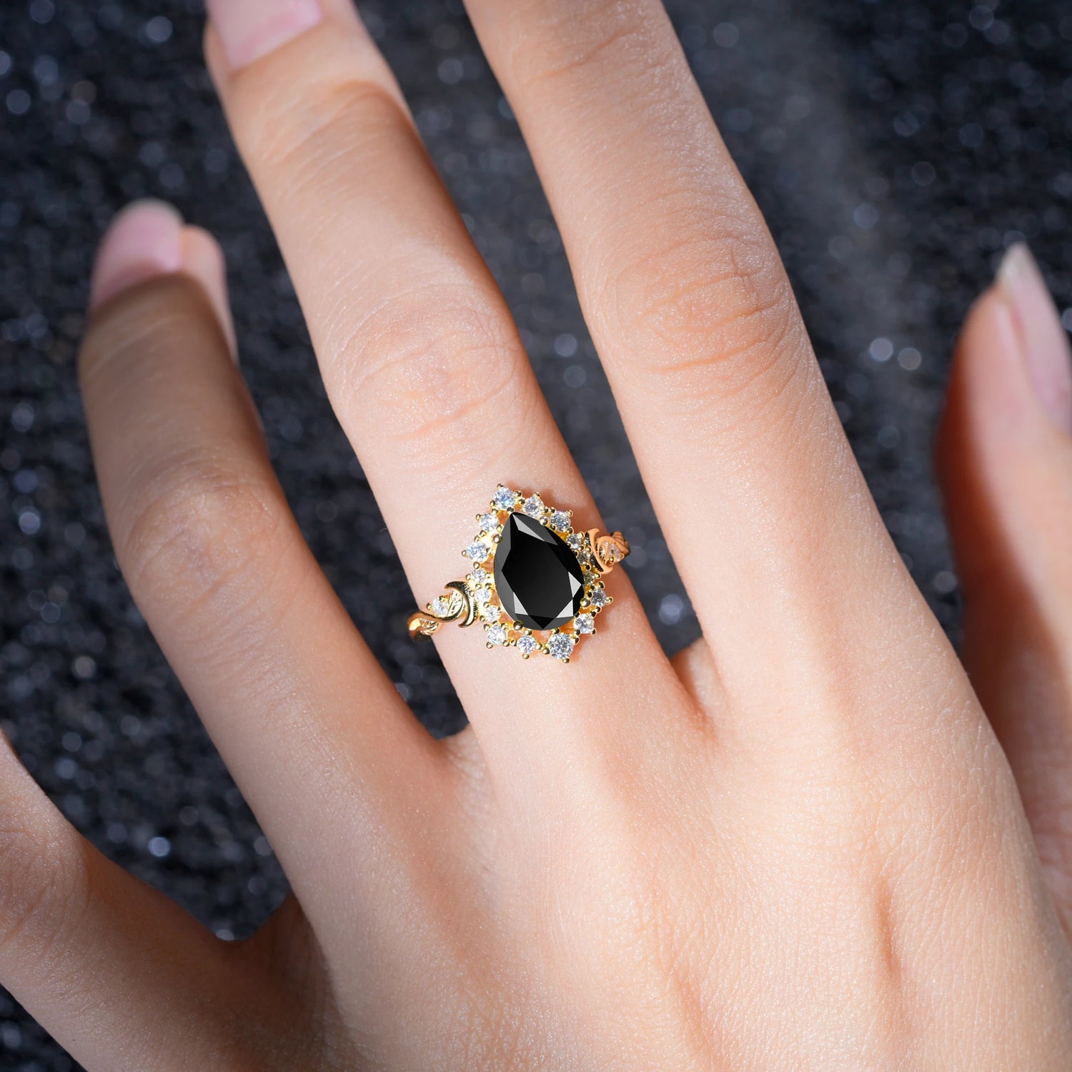 Vintage Pear Cut Halo Ornate Scroll Black Onyx Engagement Ring