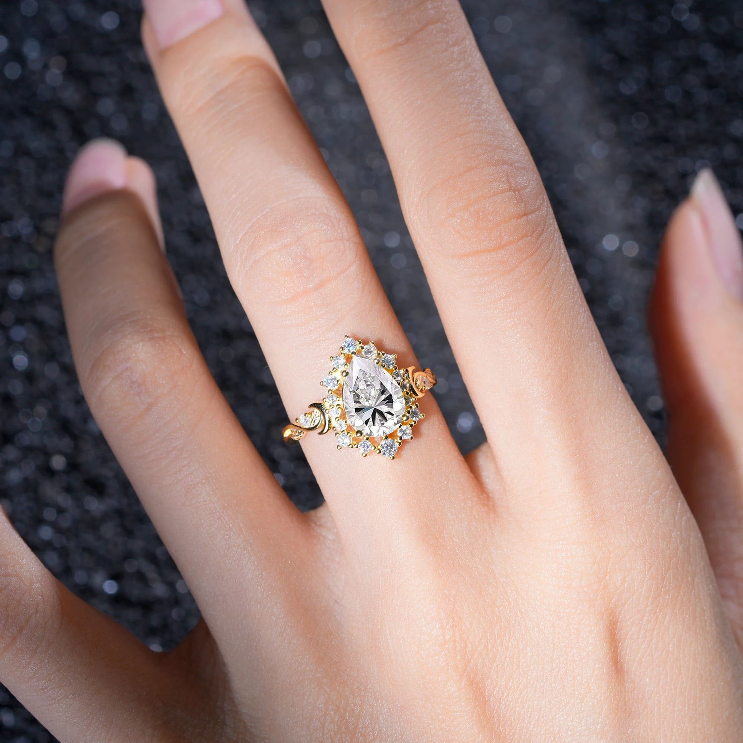 Vintage Pear Cut Halo Ornate Scroll Lab Diamond Engagement Ring