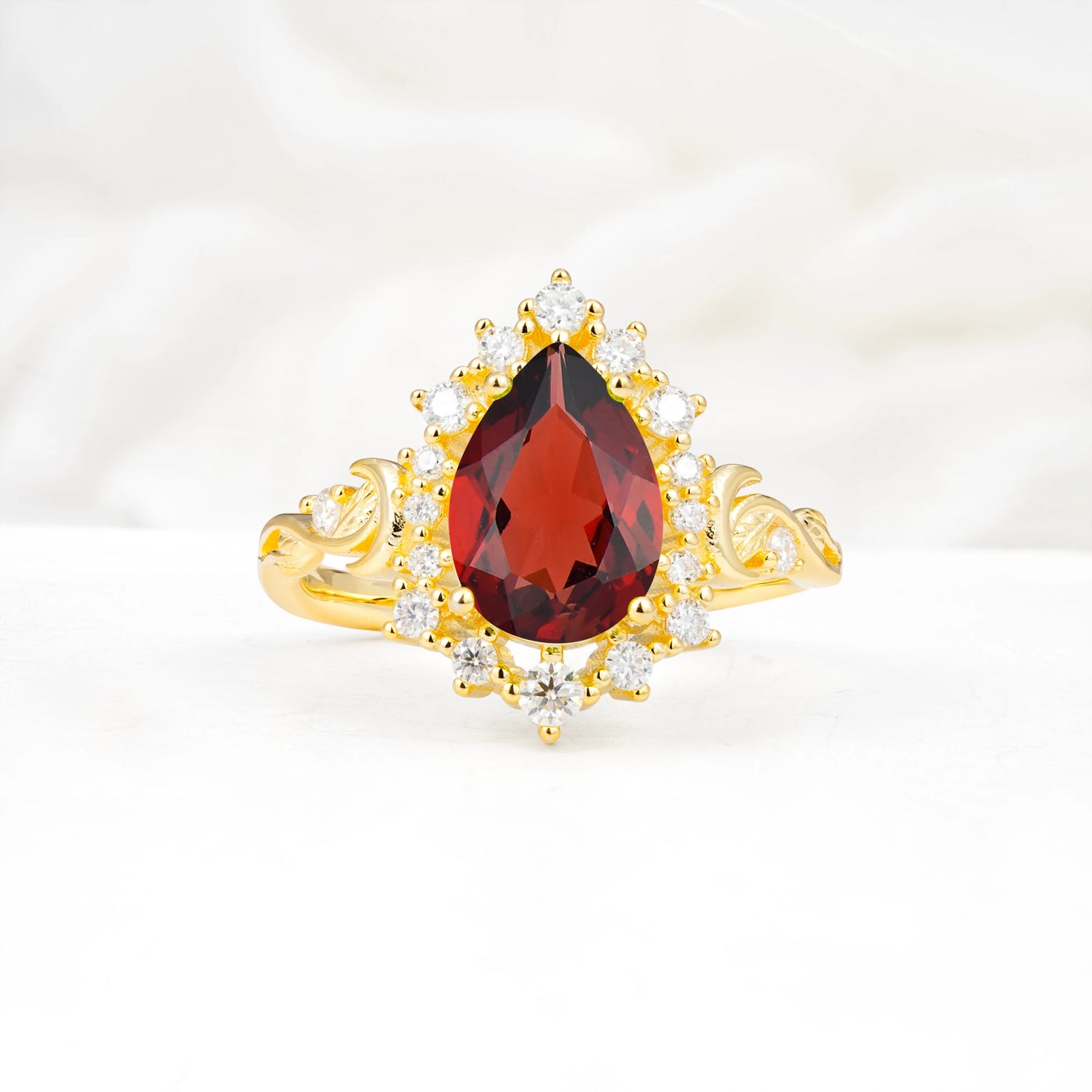 Vintage Pear Cut Halo Ornate Scroll Garnet Engagement Ring