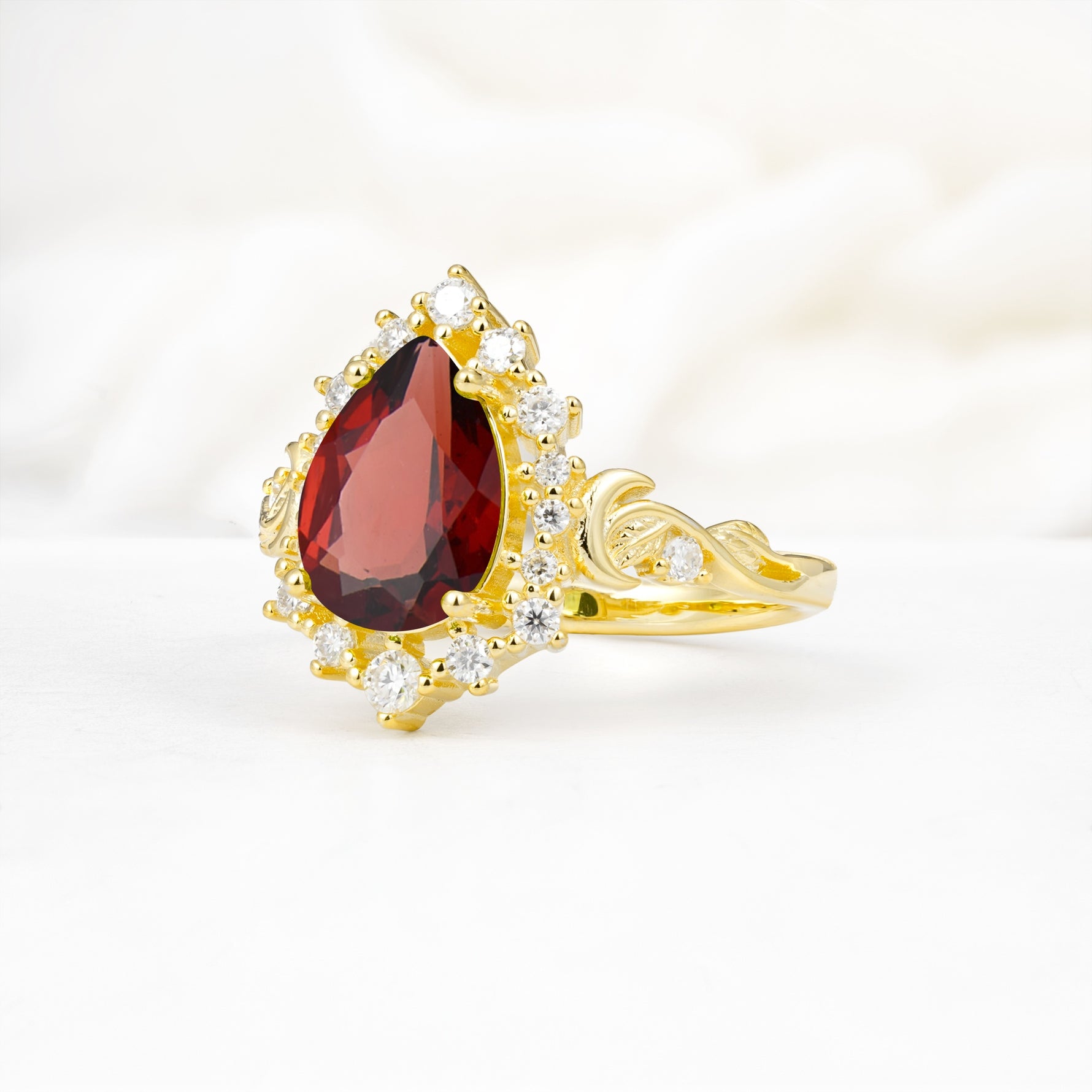Vintage Pear Cut Halo Ornate Scroll Garnet Engagement Ring - Additional view