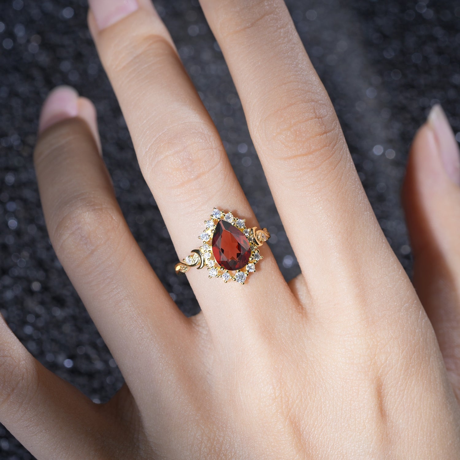 Vintage Pear Cut Halo Ornate Scroll Garnet Engagement Ring - Additional view