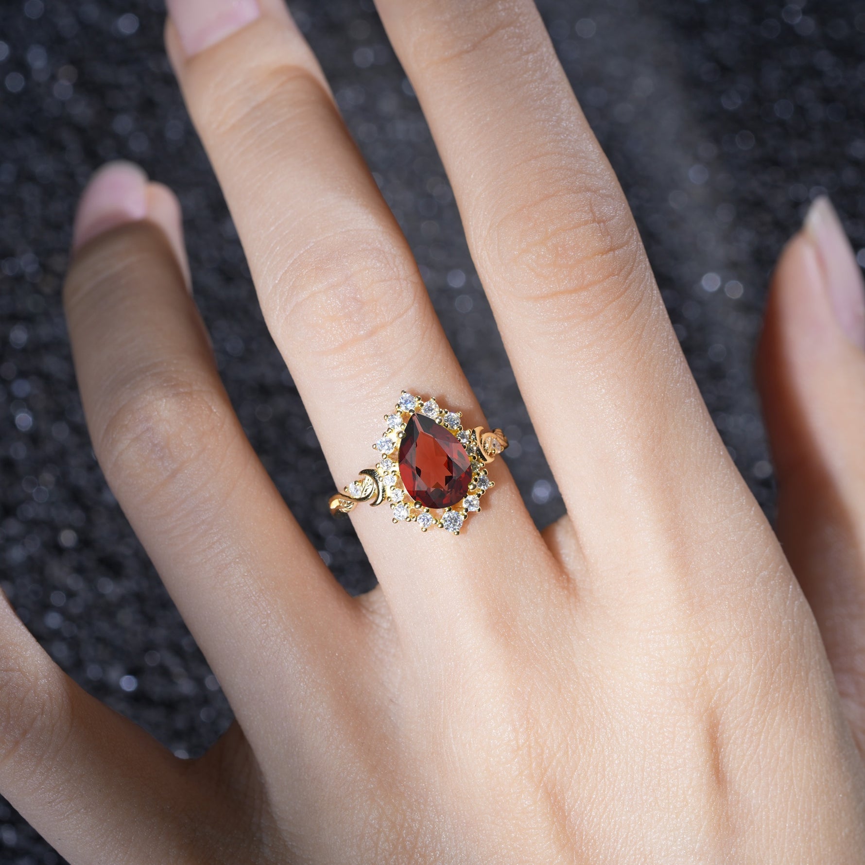 Vintage Pear Cut Halo Ornate Scroll Garnet Engagement Ring - Additional view