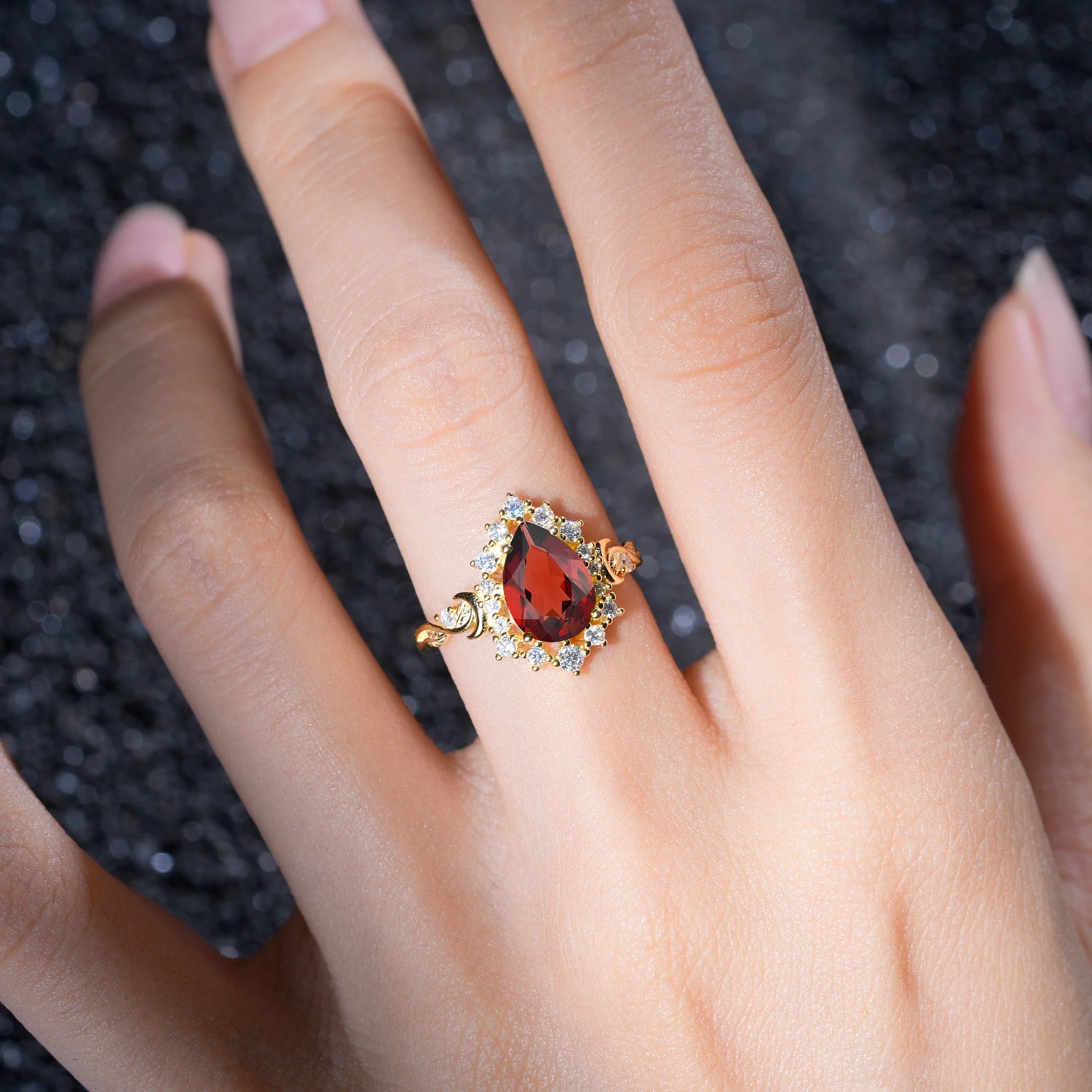 Vintage Pear Cut Halo Ornate Scroll Garnet Engagement Ring