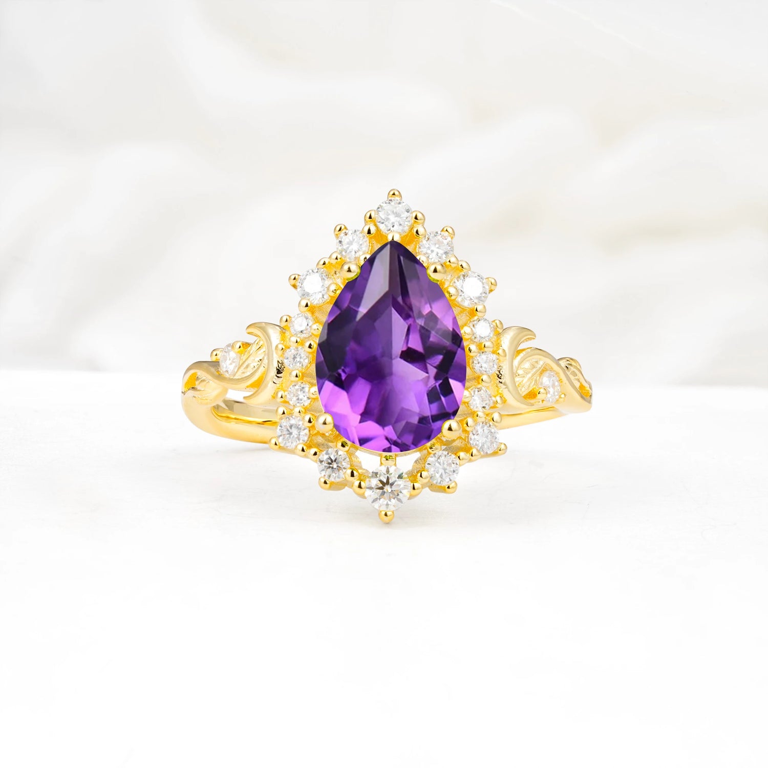 Vintage Pear Cut Halo Ornate Scroll Amethyst Engagement Ring