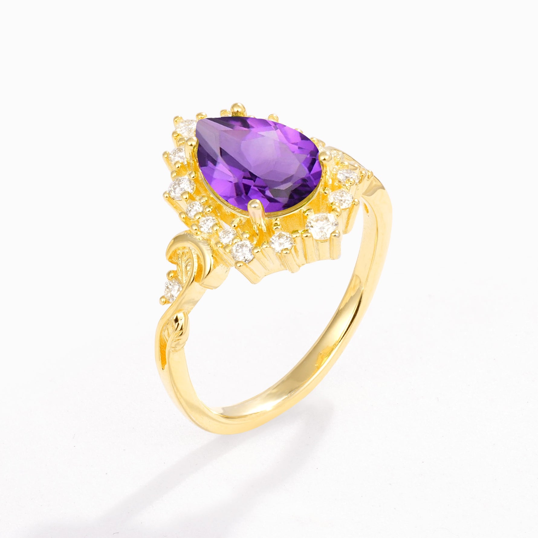 Vintage Pear Cut Halo Ornate Scroll Amethyst Engagement Ring - Additional view