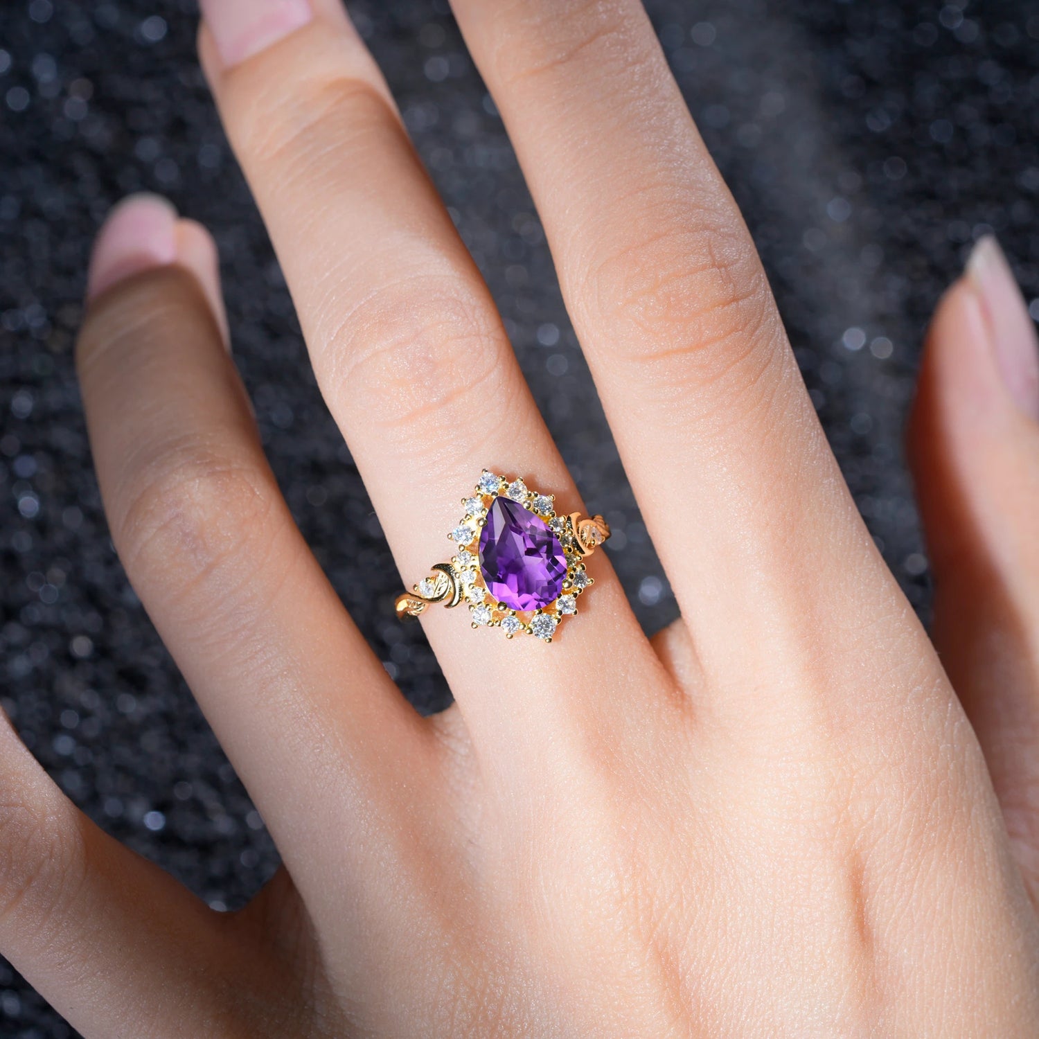 Vintage Pear Cut Halo Ornate Scroll Amethyst Engagement Ring