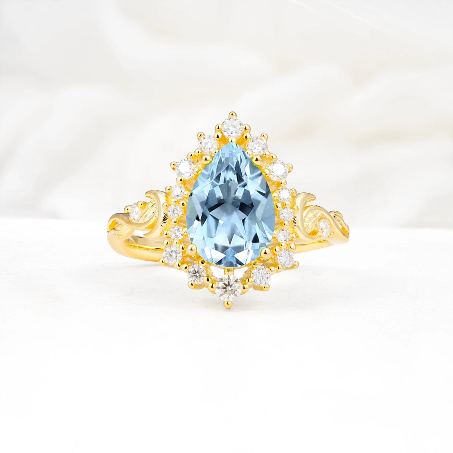 Vintage Pear Cut Halo Ornate Scroll Aquamarine Engagement Ring