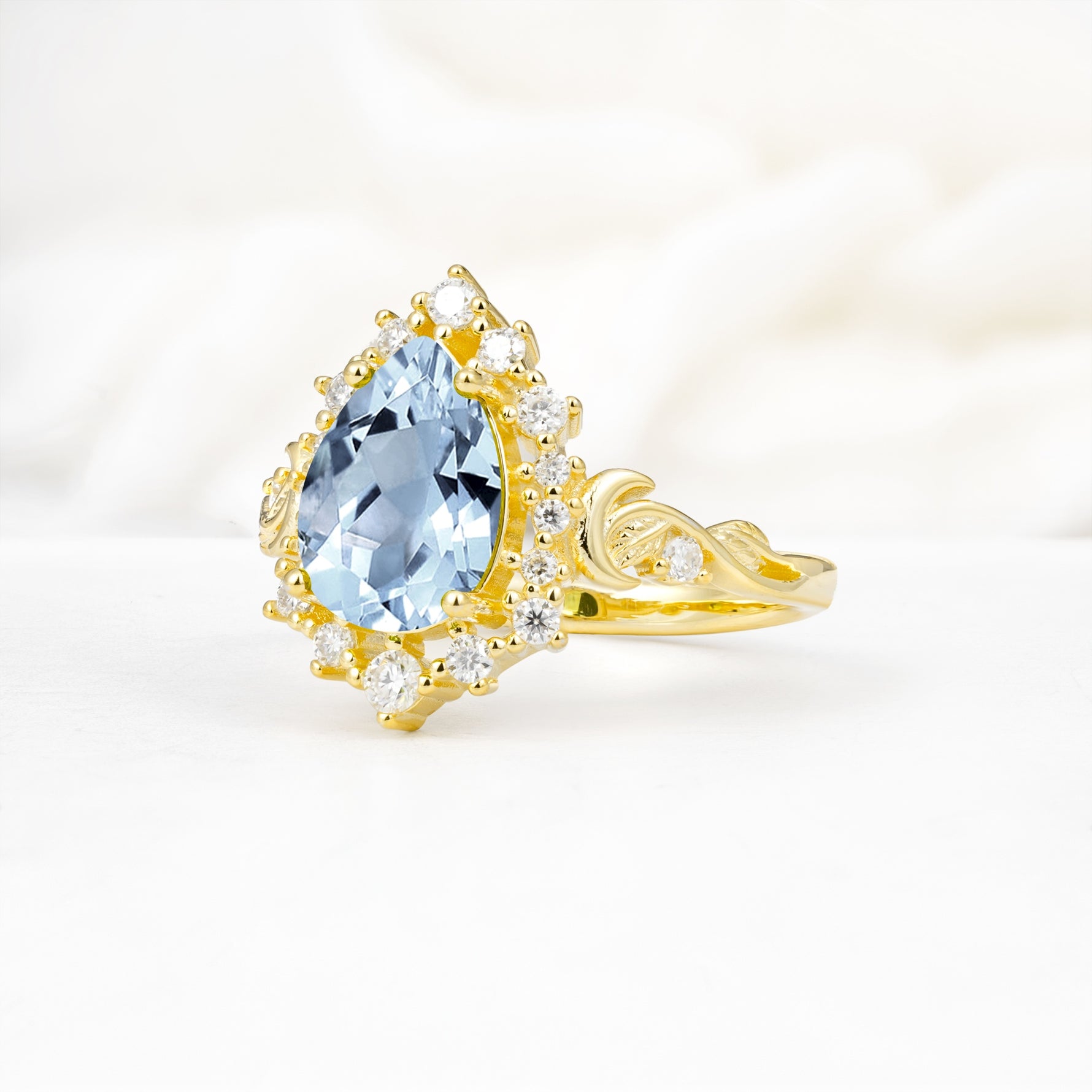 Vintage Pear Cut Halo Ornate Scroll Aquamarine Engagement Ring - Additional view